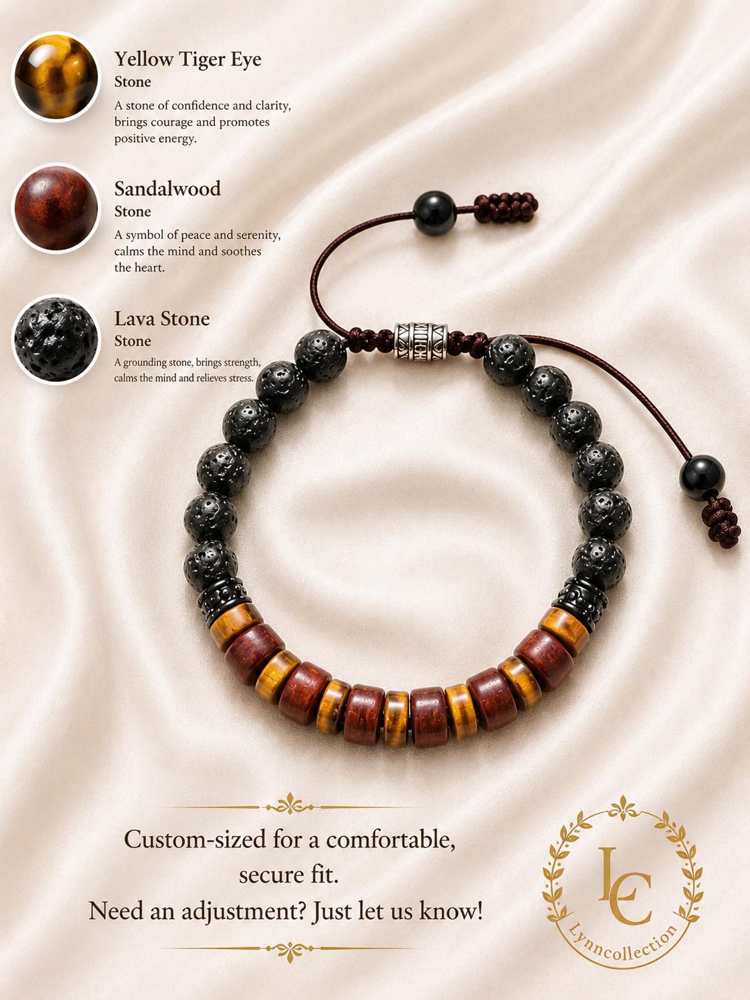 Lava Stone Beaded Bracelet for Him and Her – Tiger eye, Sandalwood, Lava Stones .   -Adjustable