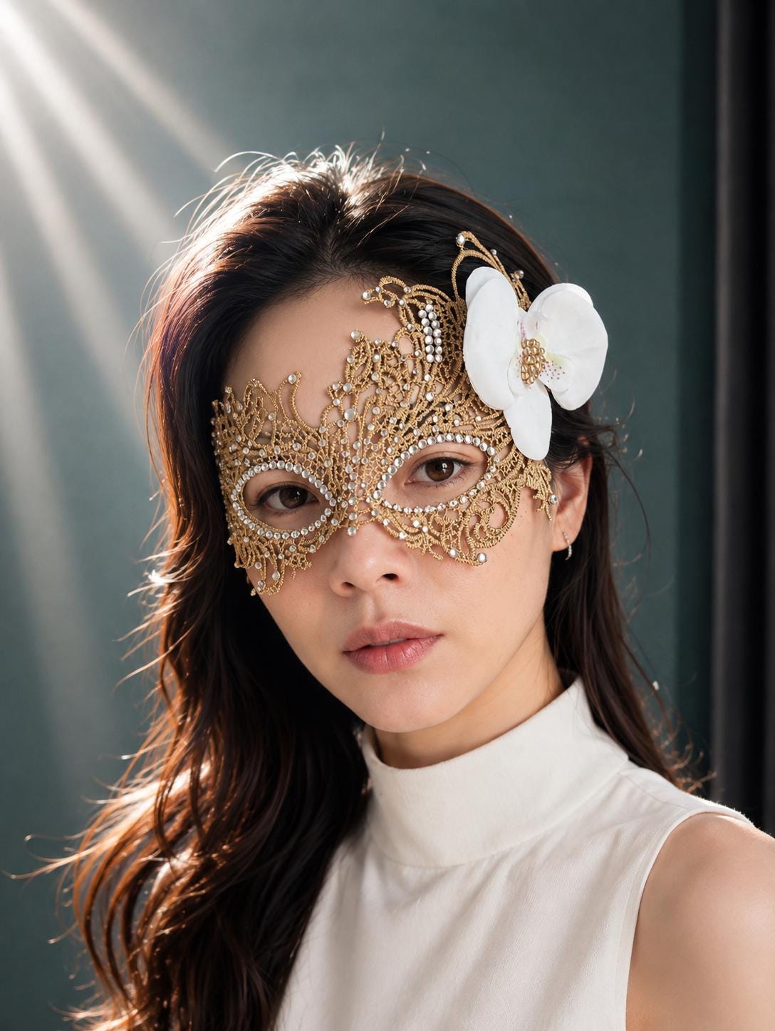Lace Rhinestone Masquerade Mask, Gold Orchid Flower