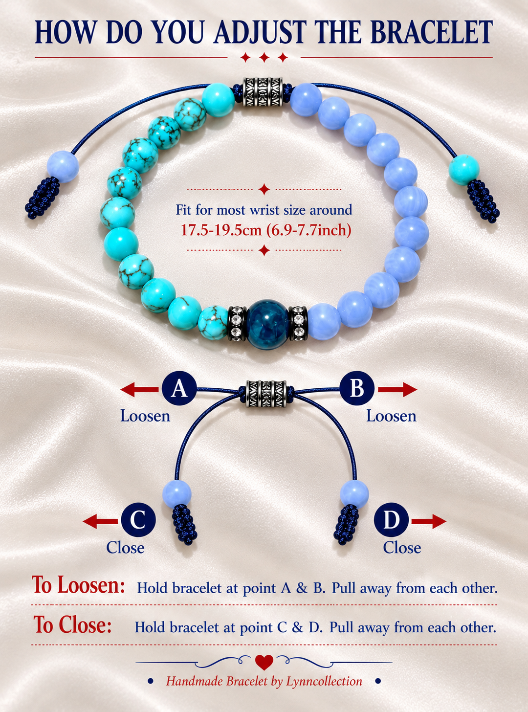 Handmade Bracelet for HIM OR HER. 6mm turquoise. 6mm blue lace agate, 8mm blue tiger’s eye. Zircon Rhinestone Beads Adjustable knotted cord