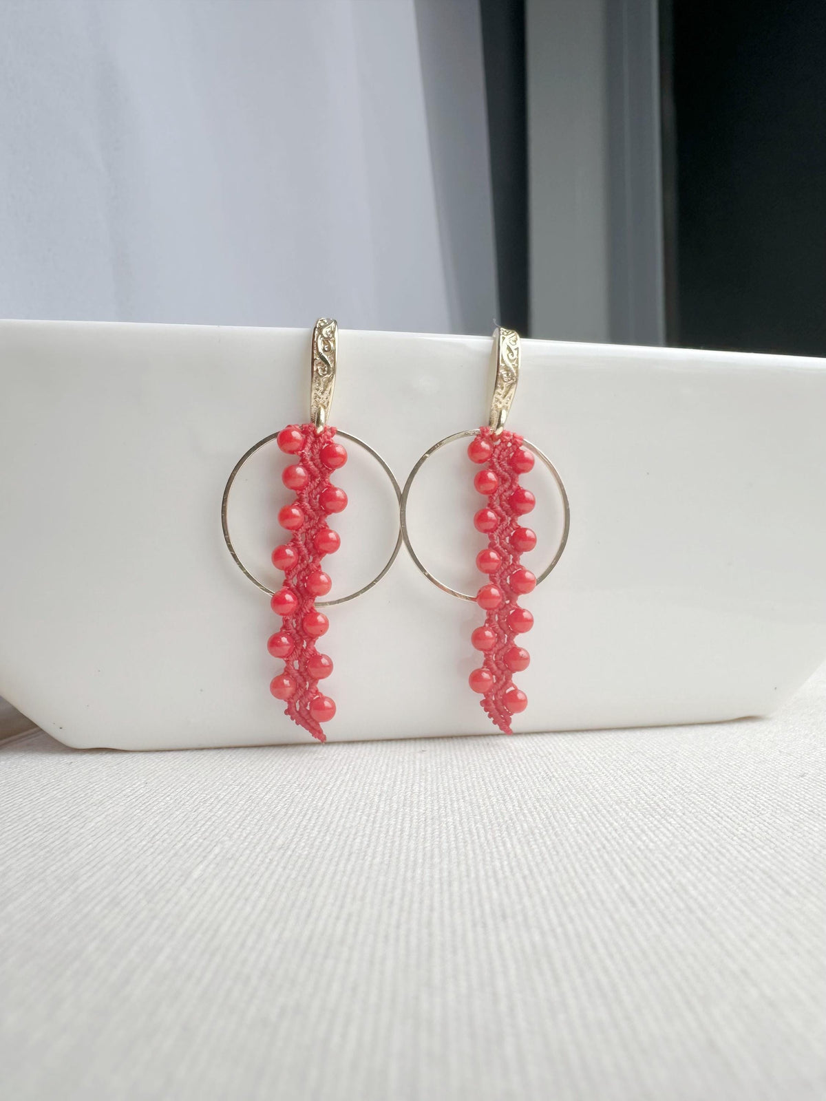 Red Coral Macrame Earrings, Gold Plated, Handmade Crochet