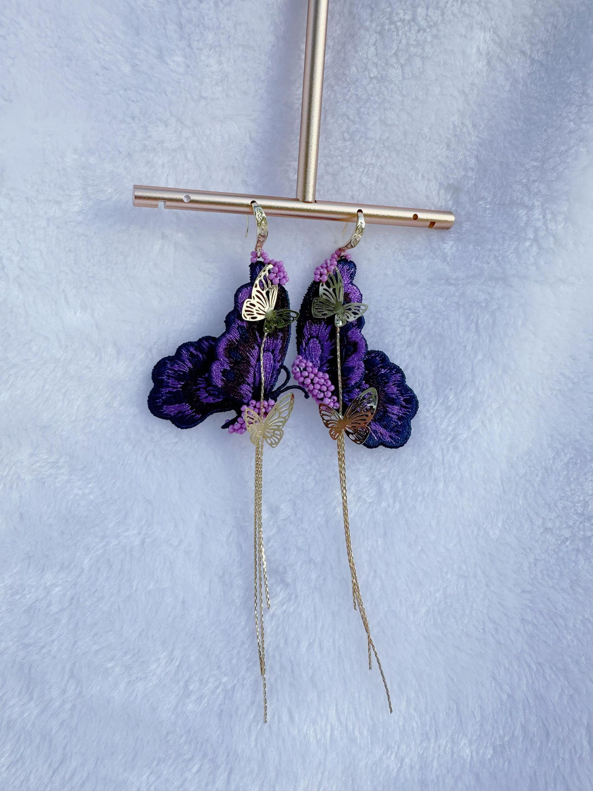 Embroidery Butterfly Dangle Earrings: Gold Plated Hooks, Purple