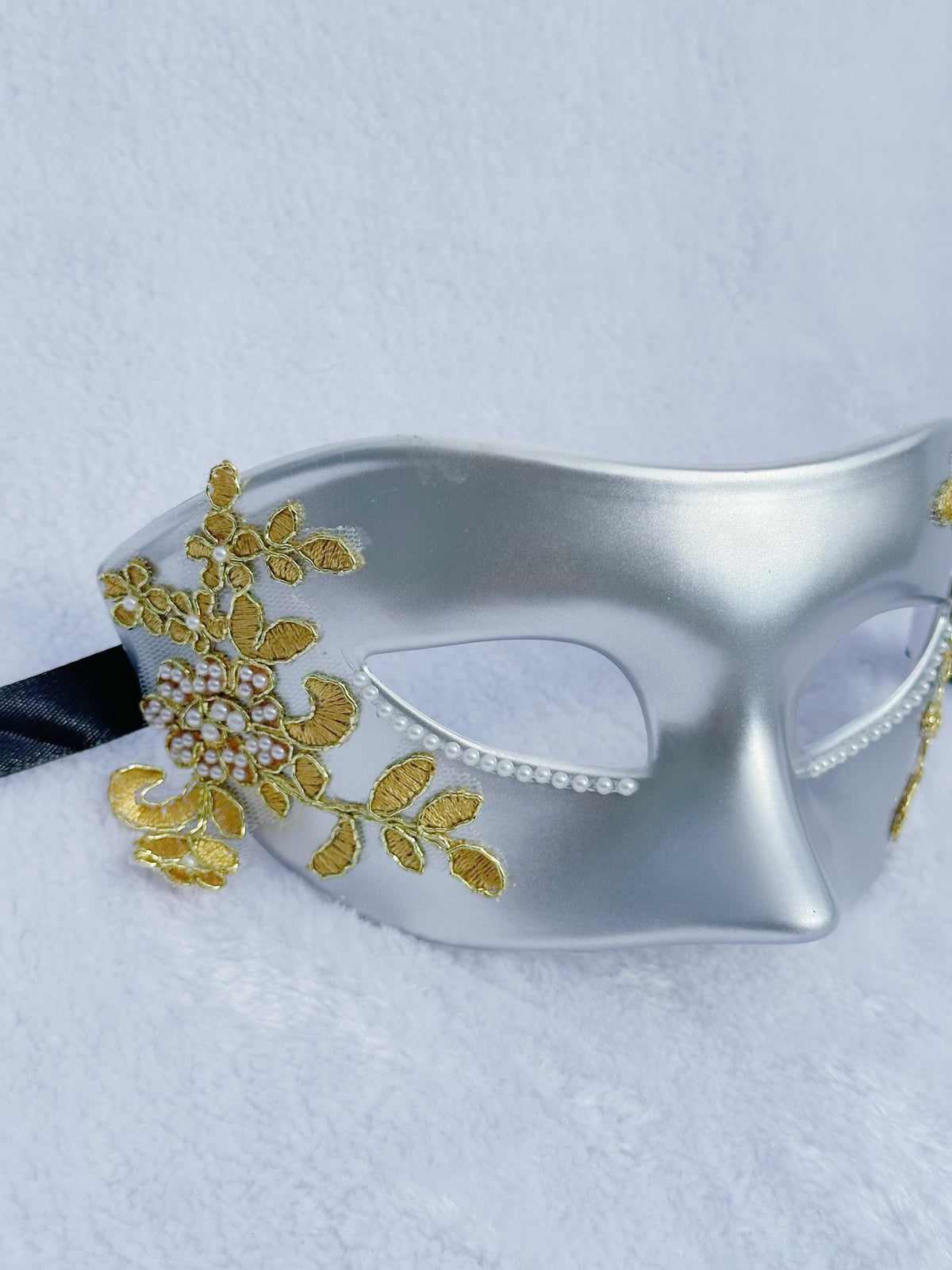 Gray Venetian Masquerade Mask: Gold Lace Mardi Gras Ball Mask