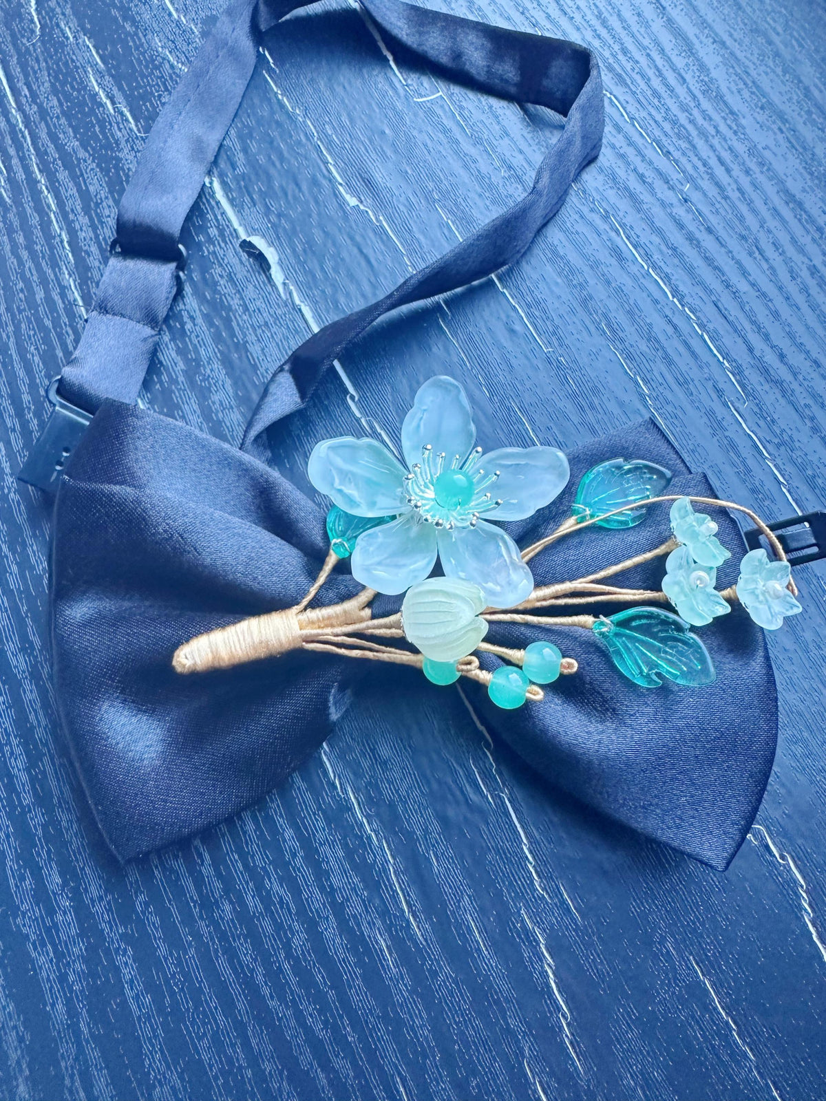 Handmade Bow Tie for women Men,Boys – Black Satin Bow Tie with light green flower Blossom Branch – Asian Inspired Wedding Formal Accessory