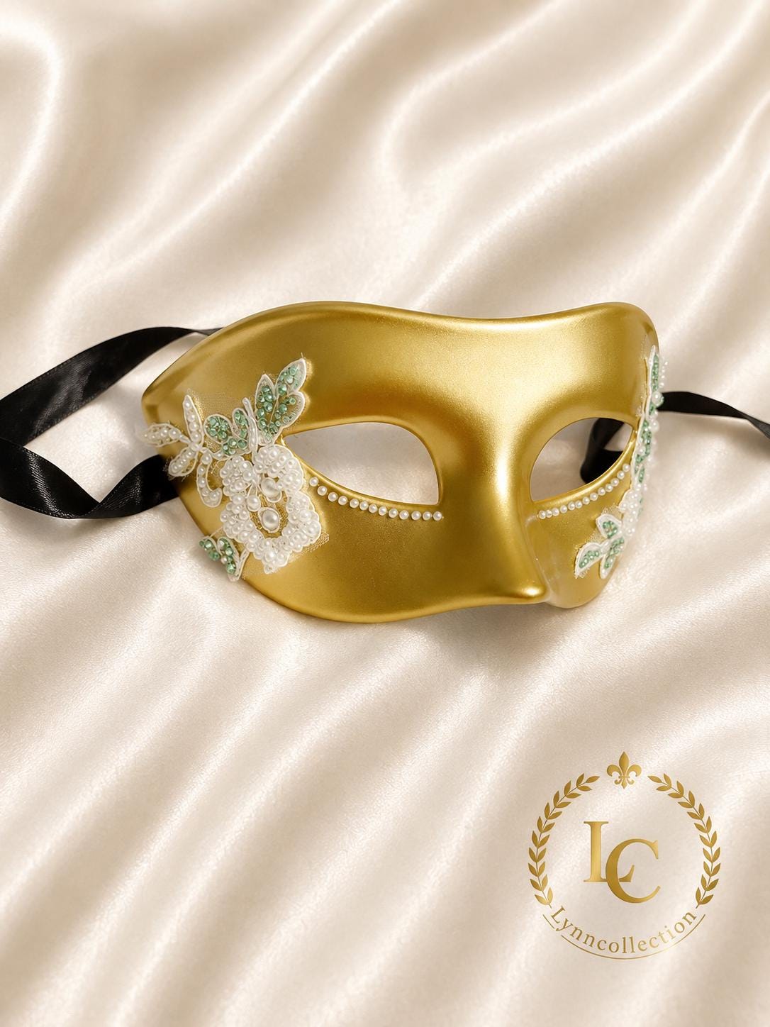 Gold Masquerade Mask with White Lace: Venetian Style Ball Mask