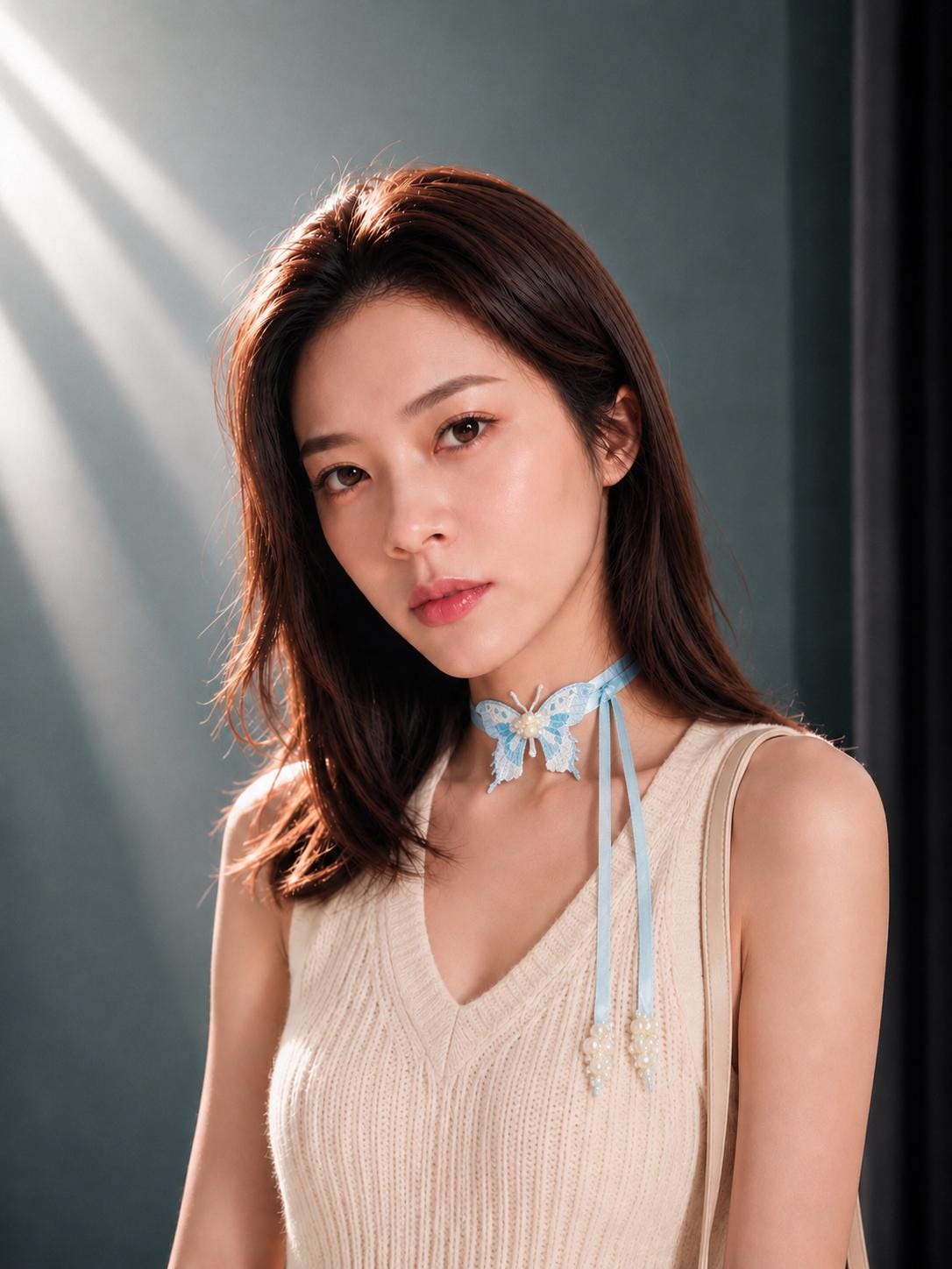 Handmade Choker featuring delicate hand-stitched embroidery of a blue butterfly, adorned with freshwater pearls and glass seed beads