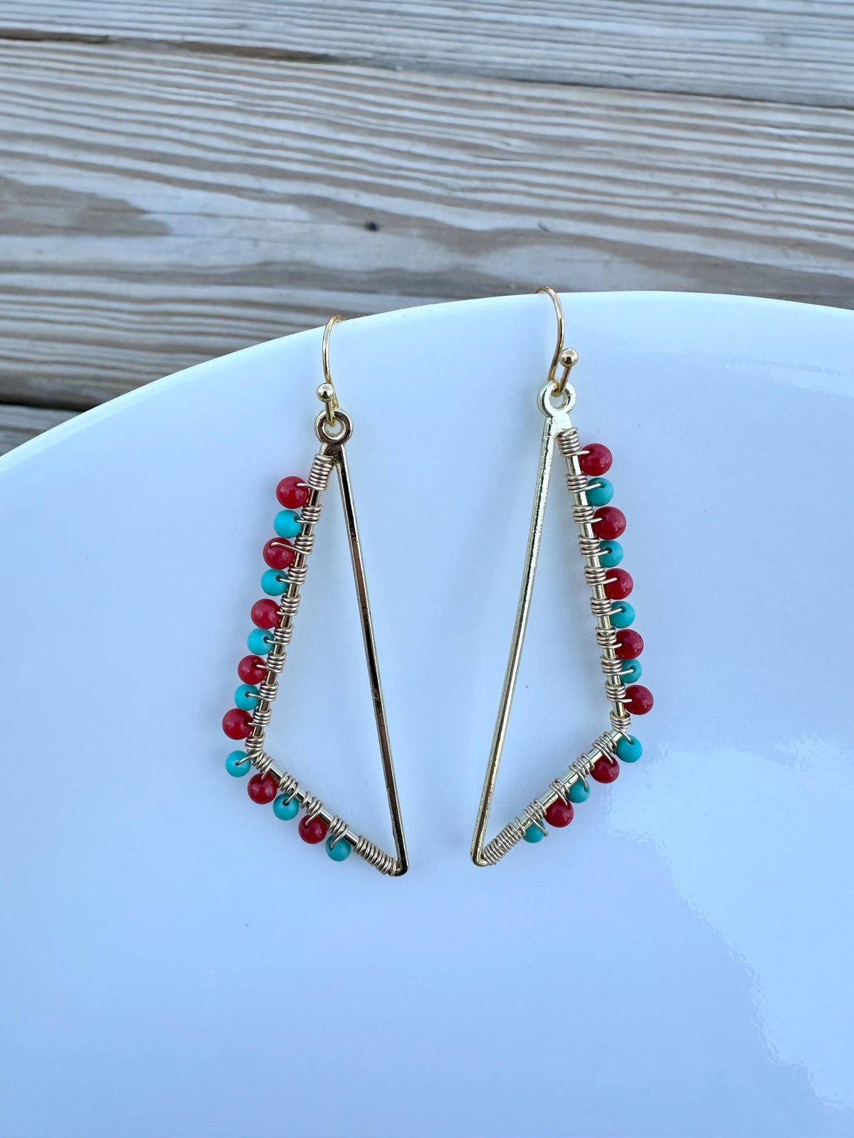 Handmade Gold Plated Dangle Earrings: Red Coral & Turquoise