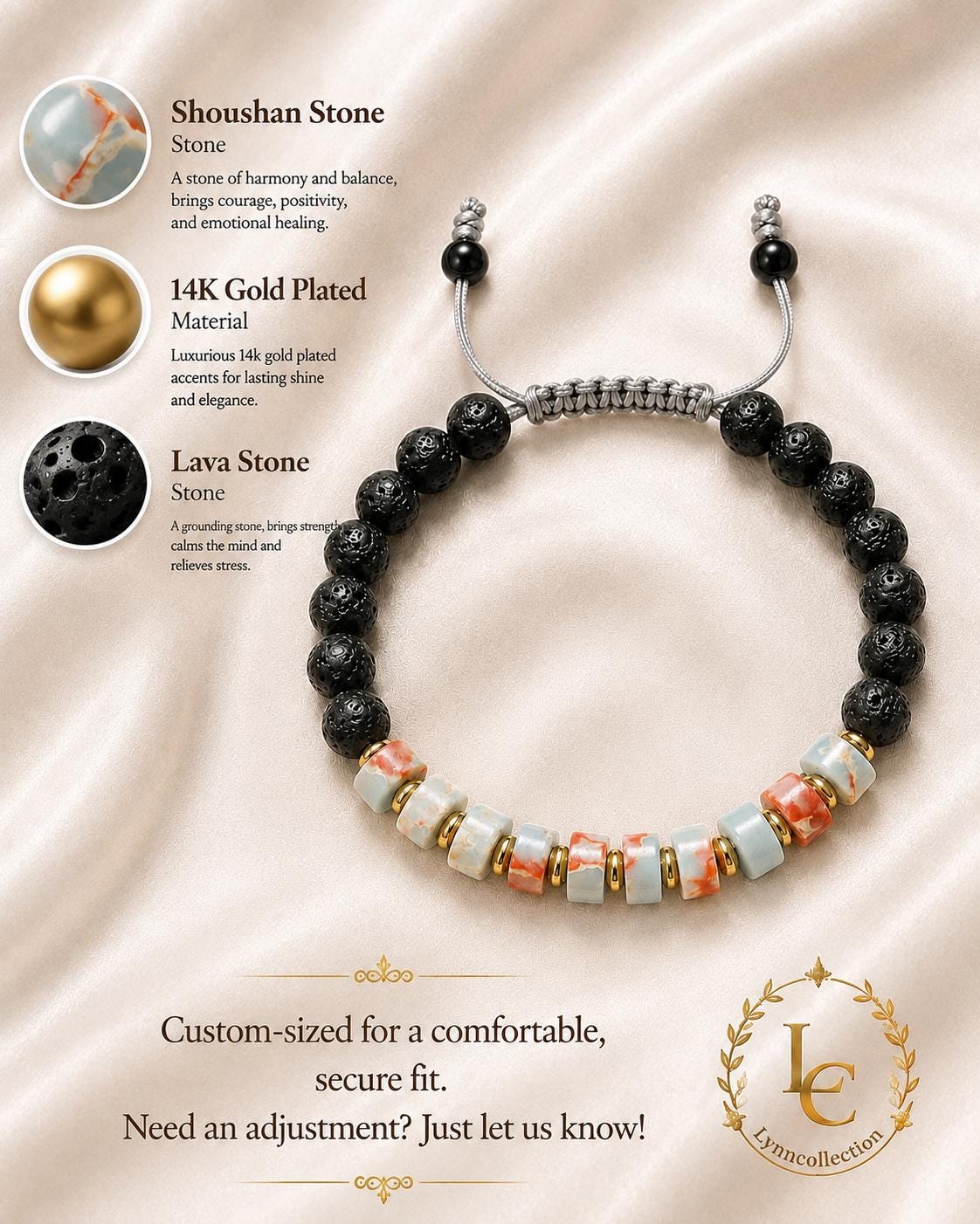 Lava Stone Beaded Bracelet for Men and Women – Synthetic Shousan Stone, Lava Stone , 14k gold plated space   -Adjustable