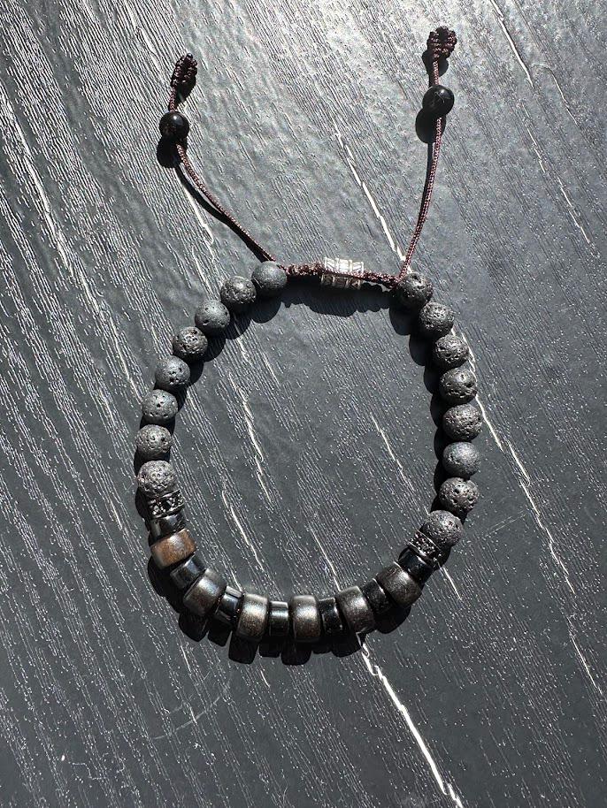 Lava Stone Beaded Bracelet for Him And Her– Black Obsidian, Lava Stone, Natural Ebony Wood, Beads Size: 6mm, Adjustable Length