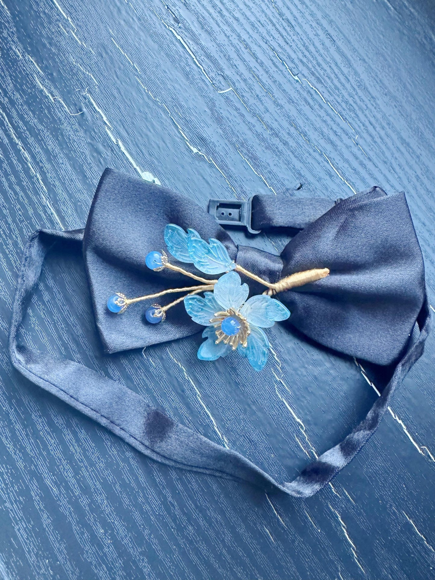 Handmade Bow Tie for women Men,Boys – Black Satin Bow Tie with blue flowers Blossom Branch – Asian Inspired Wedding Formal Accessory