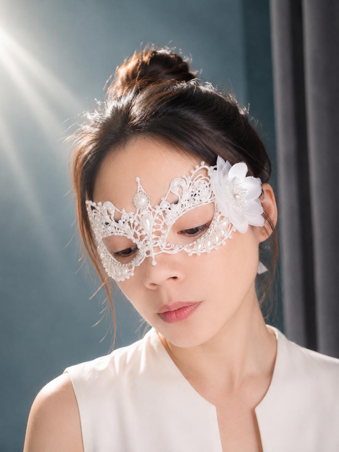 White Lace Masquerade Mask with Resin Beads, Rhinestones, and silk flower