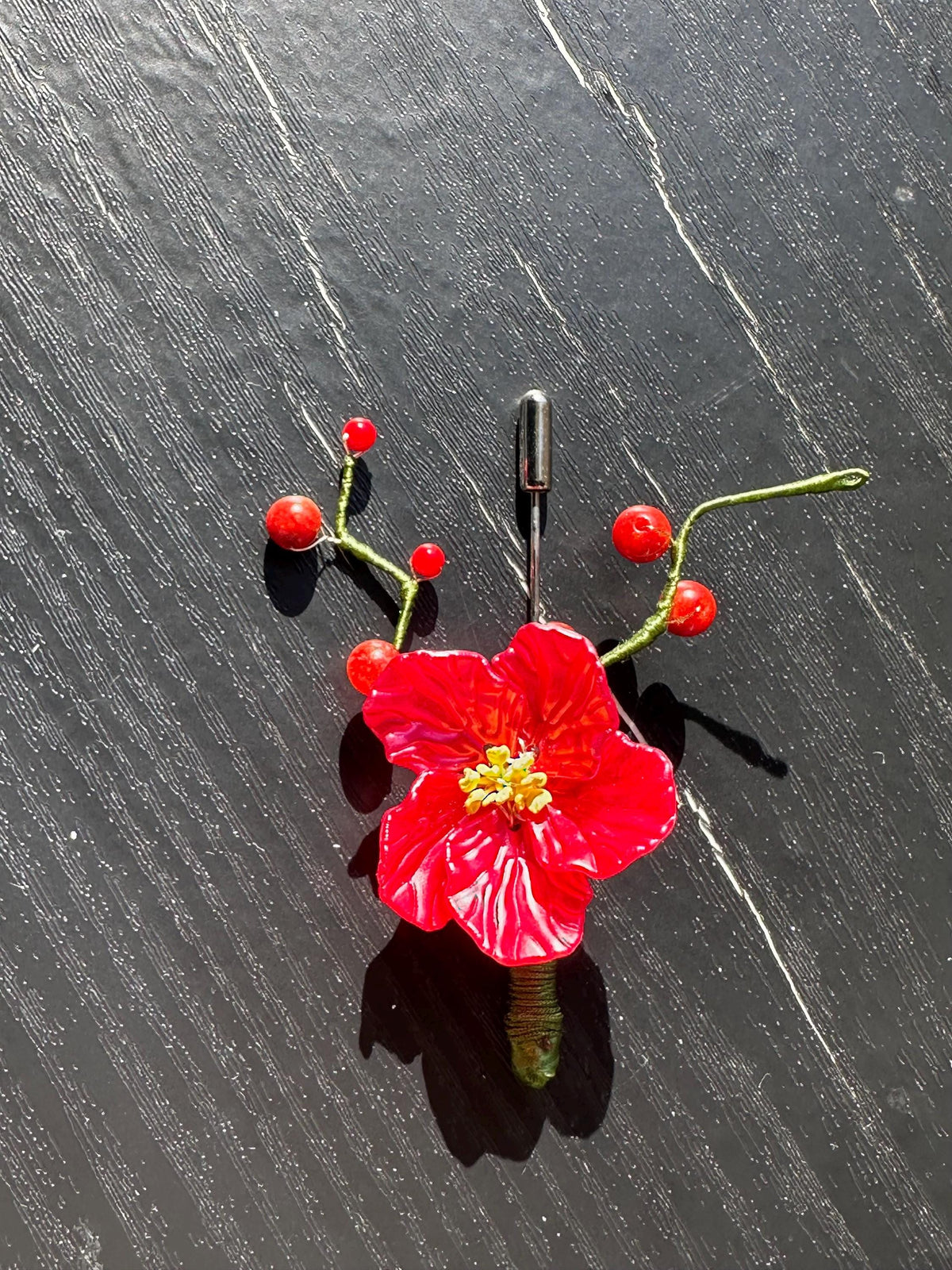 Handmade  brooch, Red color acrylic beads and gemstone coral with silk thread