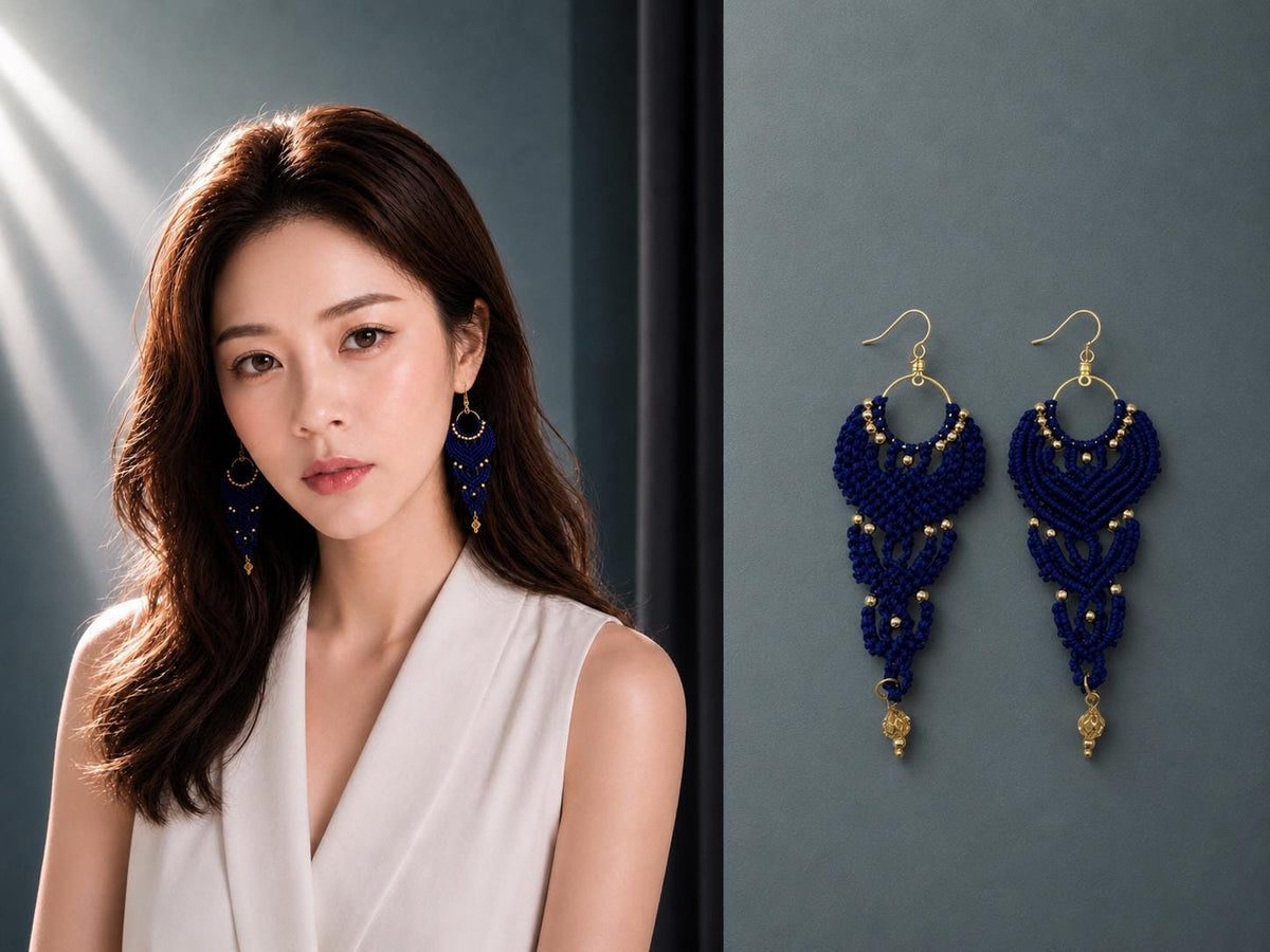 Navy Macrame Dangle Earrings: Bohemian Tribal Jewelry