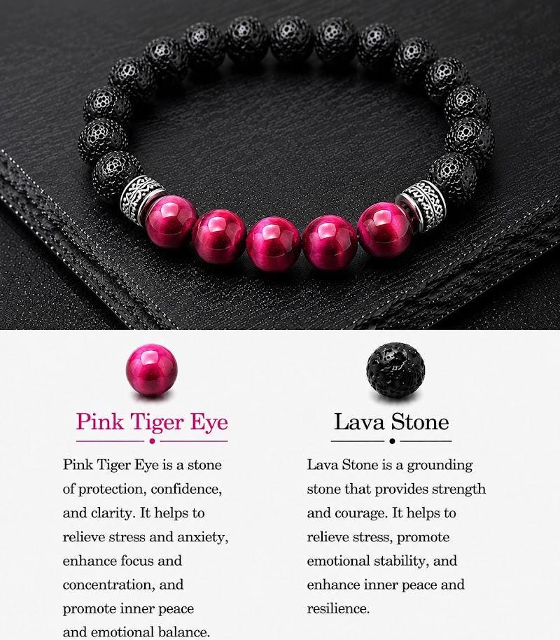 Gemstone Bracelet For Him And her: Lava stone, rose tiger eye, and tibetan Silver spacer beads.