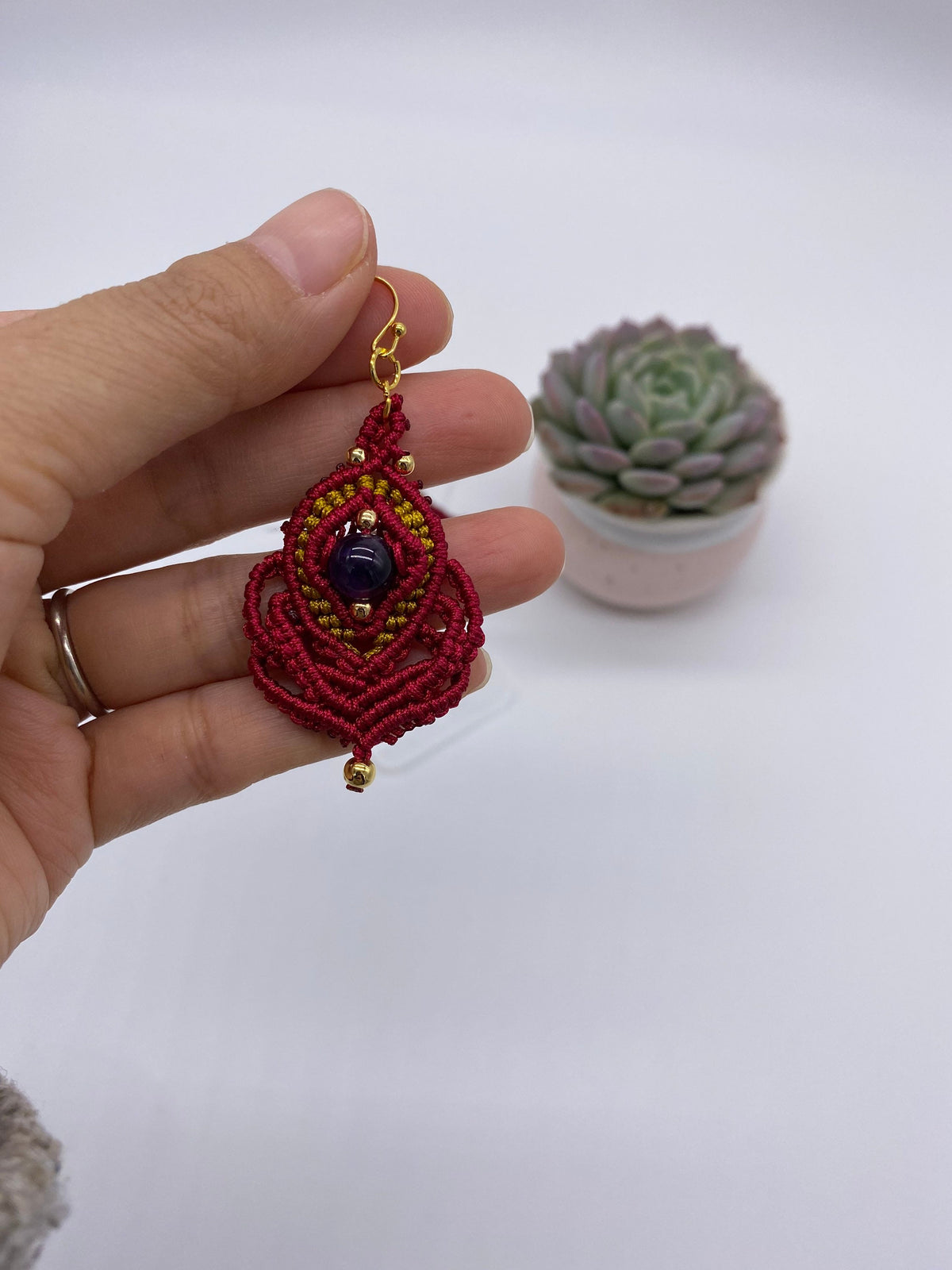 Red Macrame Dangle Earrings: Bohemian Tribal Jewelry