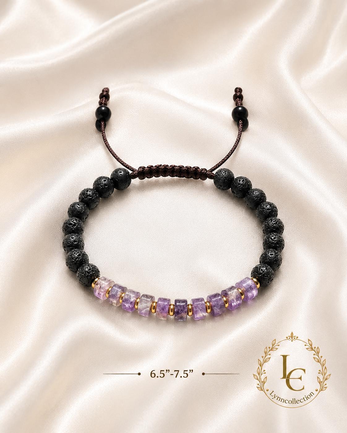 Lava Stone Beaded Bracelet for Men OR Women – Lavender Amethyst, Lava Stone , 14k gold plated space   -Adjustable
