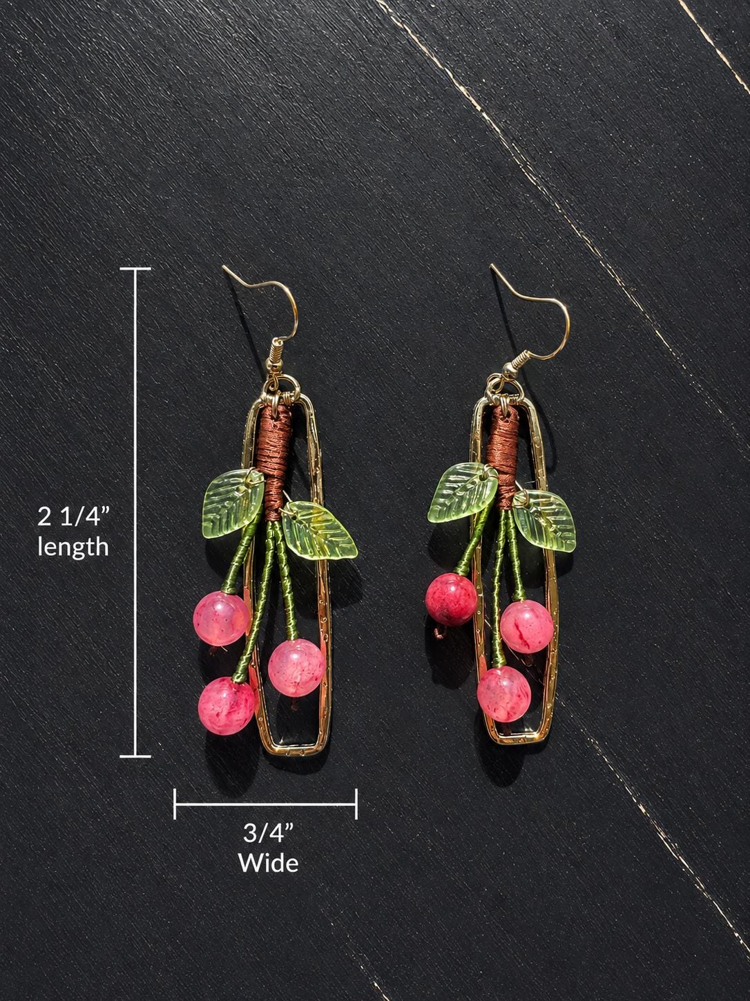 Handmade earings Gold Plated, with gemstone made cherry, size: 2 1/4” Length X 3/4” wide