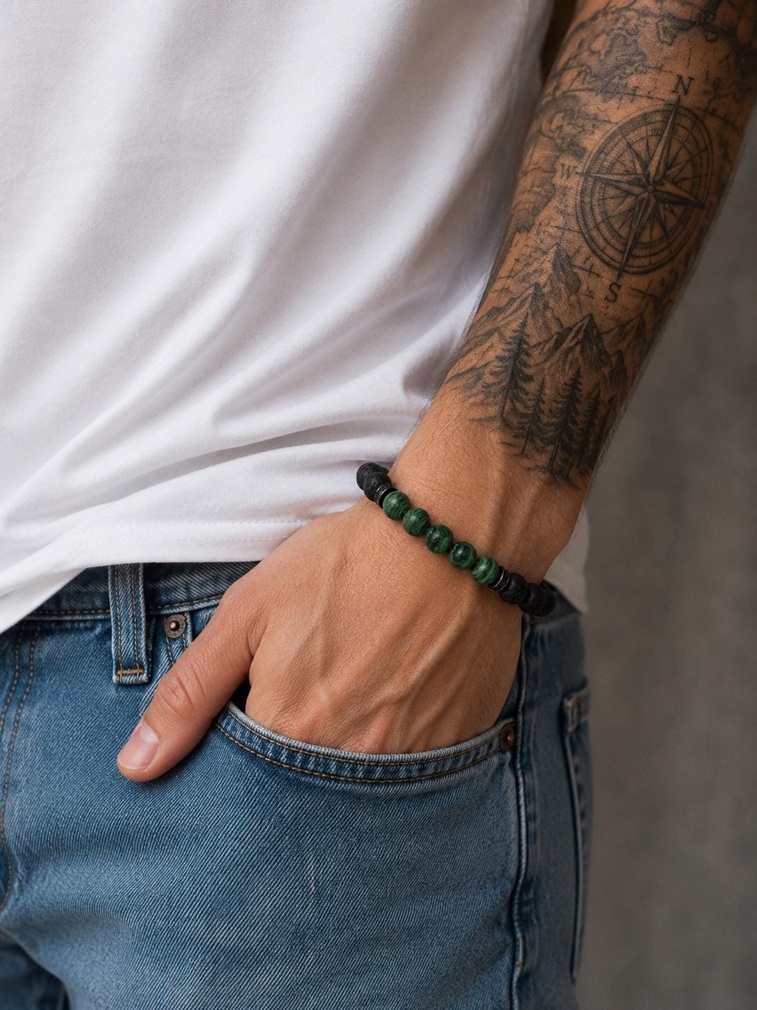 Gemstone Bracelet for HIM OR HER. Black Lava Stone & Malachite Bracelet ,Adjustable Natural Gemstone Bracelet