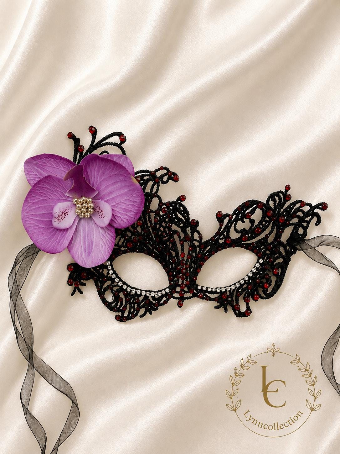 Lace masquerade Mask, with fabric Orchid flower and rhinestone, Masquerade Party mask, Halloween Party mask