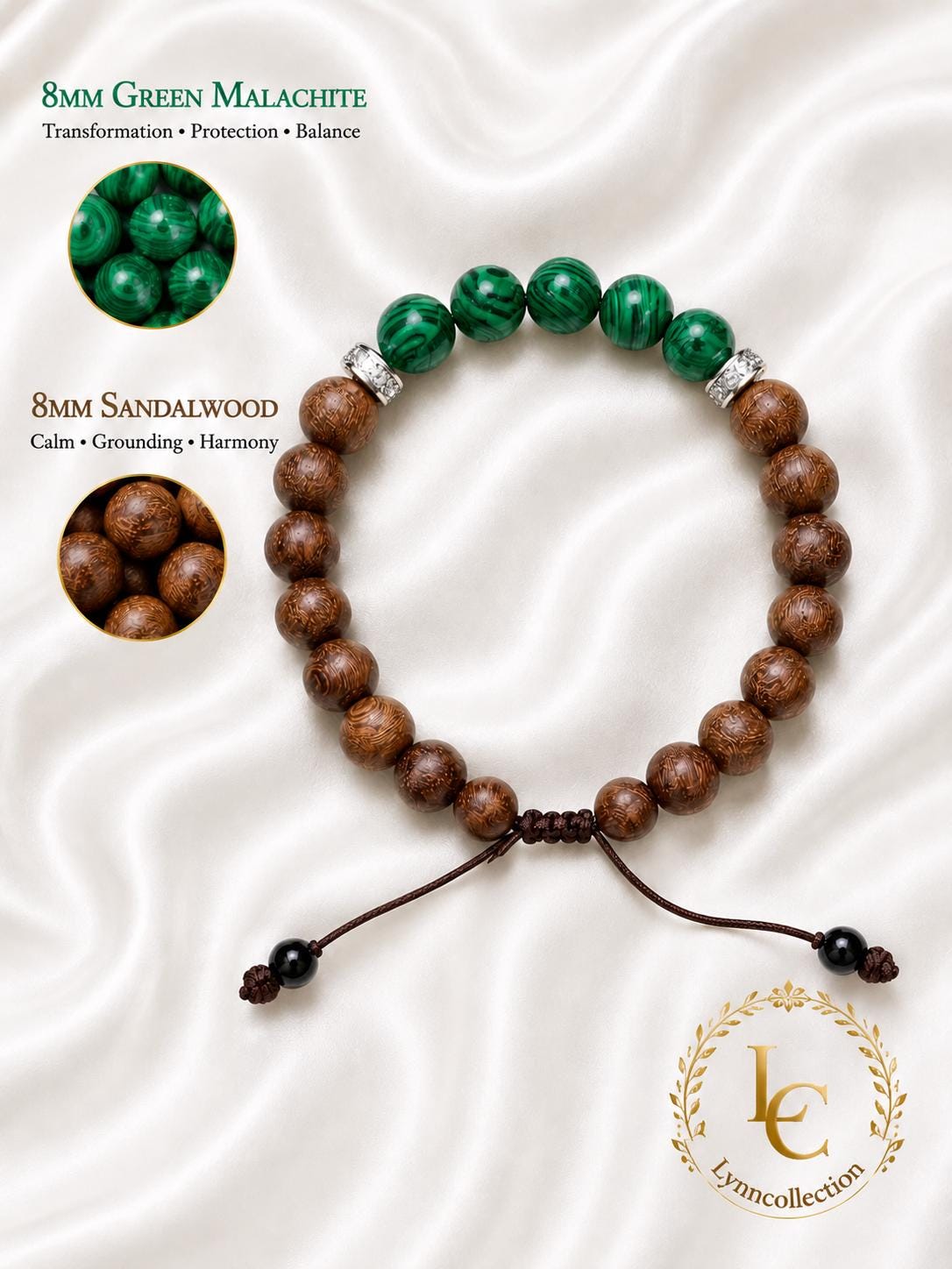 Bracelet for HIM AND HER, Made it with 8mm Sandalwoods and 8mm Green Malachite,  Adjustable knotted cord