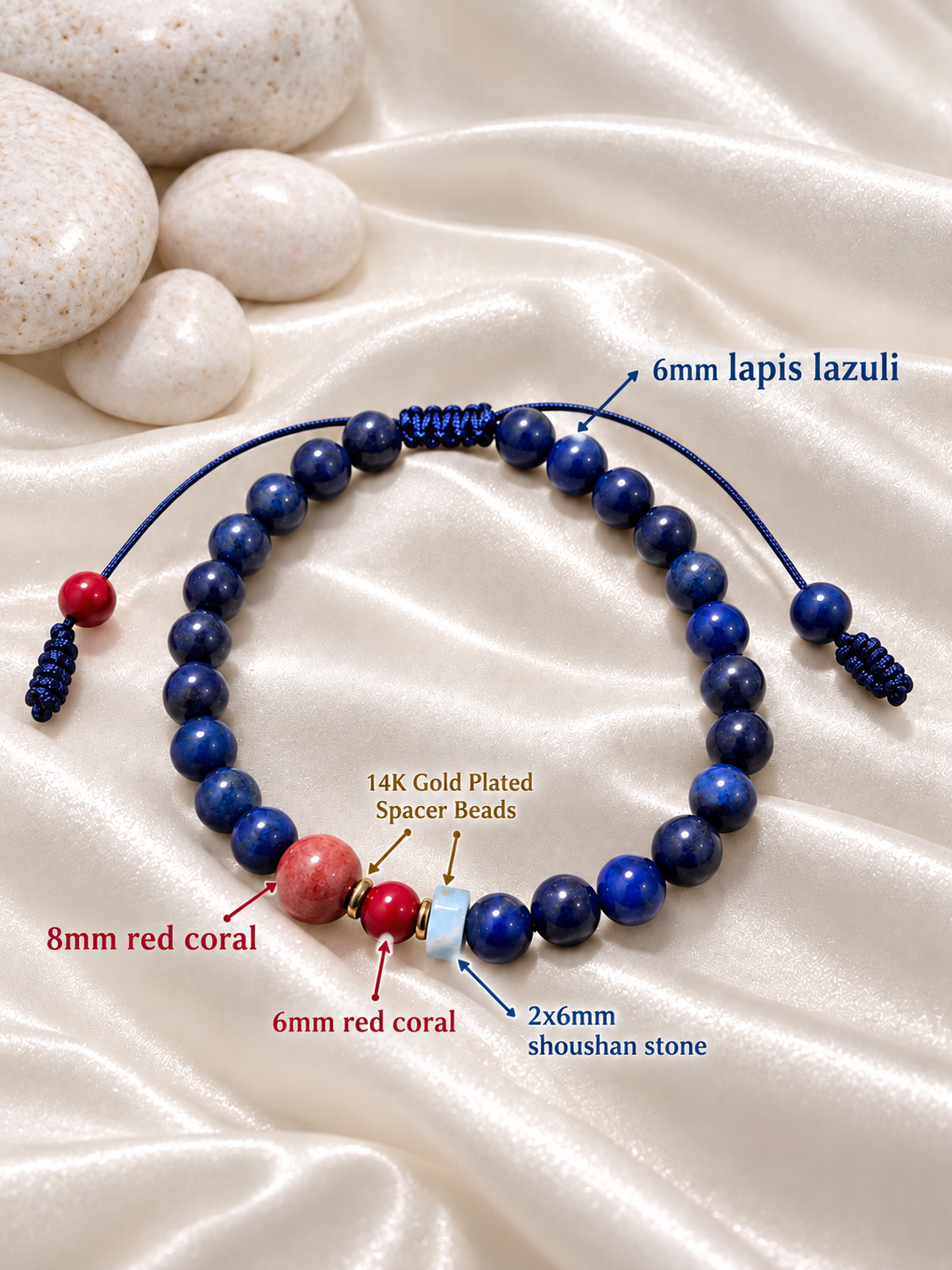 Handmade Bracelet for HIM OR HER. Made with lapis lazuli, 6mm red coral. 8mm red coral, 14K Gold Plated Spacer Beads, 3x6mm shoushan stone