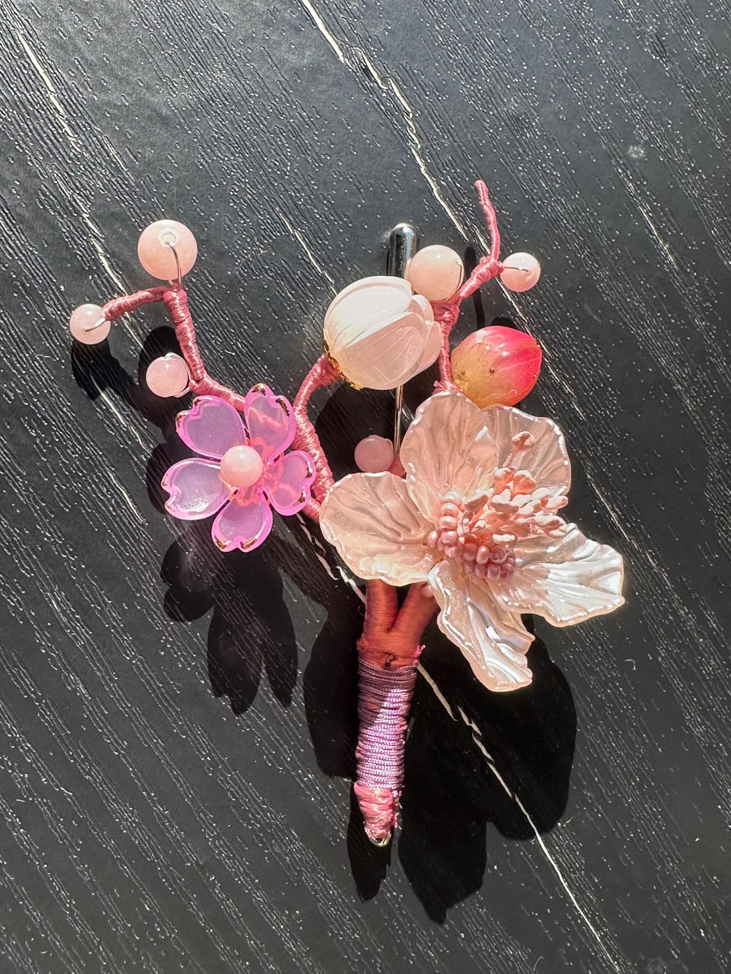 Handmade  brooch, pink color acrylic beads and gemstone beads with silk thread