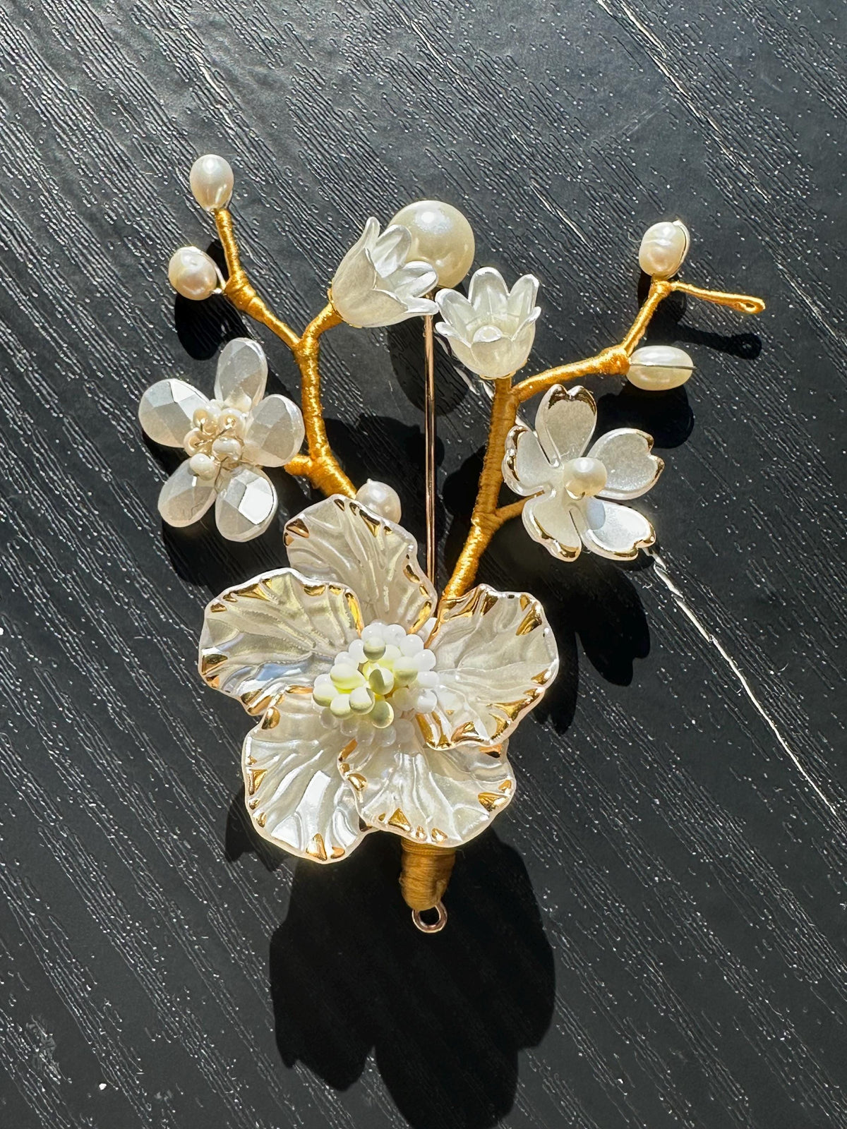 Handmade  brooch,  white color acrylic beads and freshwater pearls with gold color silk thread