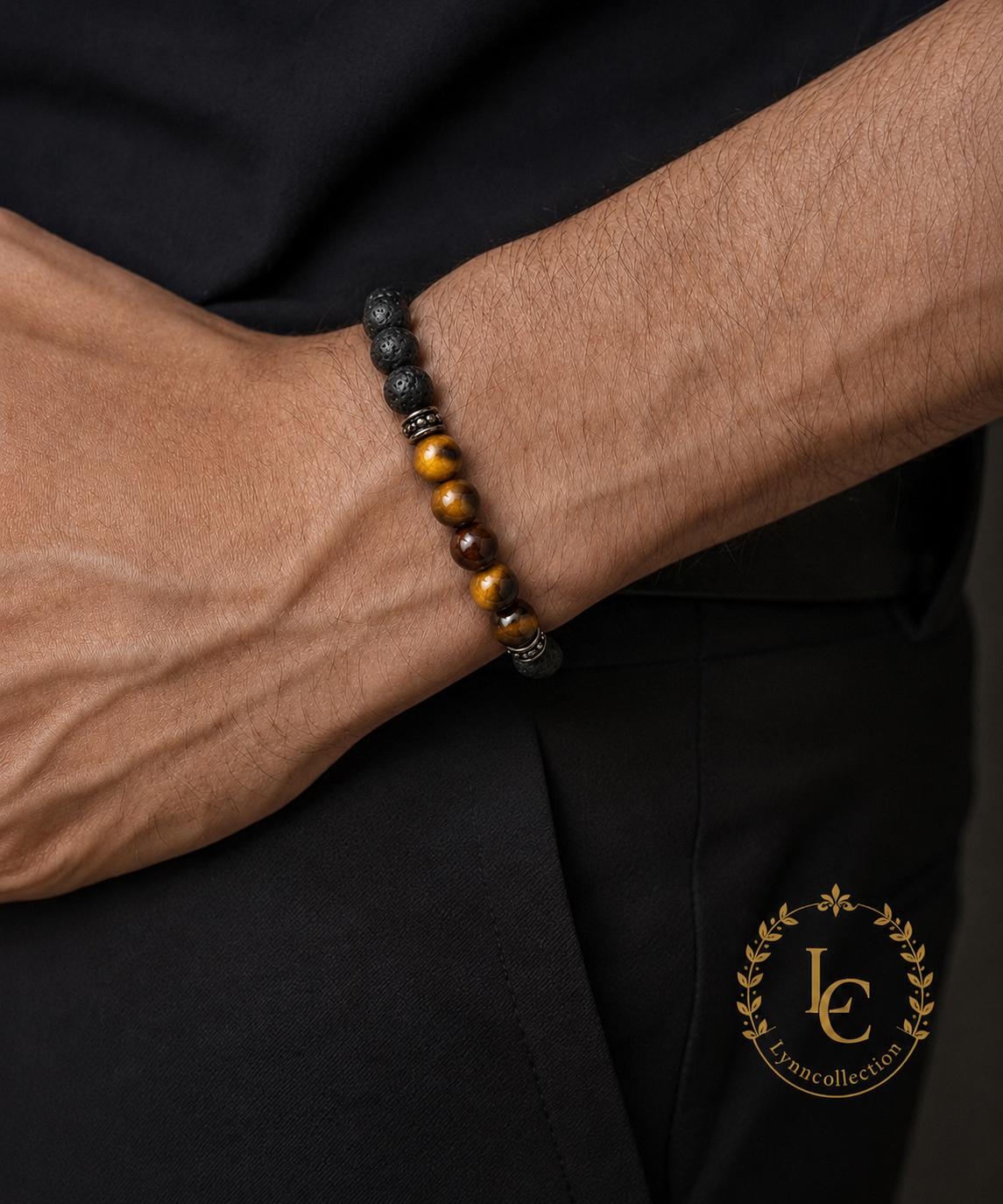 Lava Stone Beaded Bracelet with Yellow Tiger's Eye , Black Volcanic Stone Stretch Bracelet - Gemstone Bracelet for HIM AND HER.