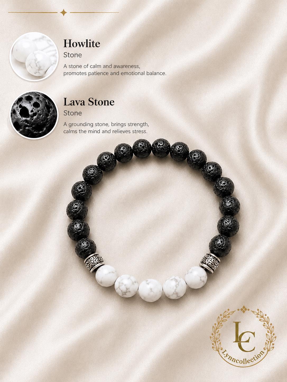 Bracelet for HIM OR HER. Black Lava Stone , Howlite beads, with Elastic Stretch Cord