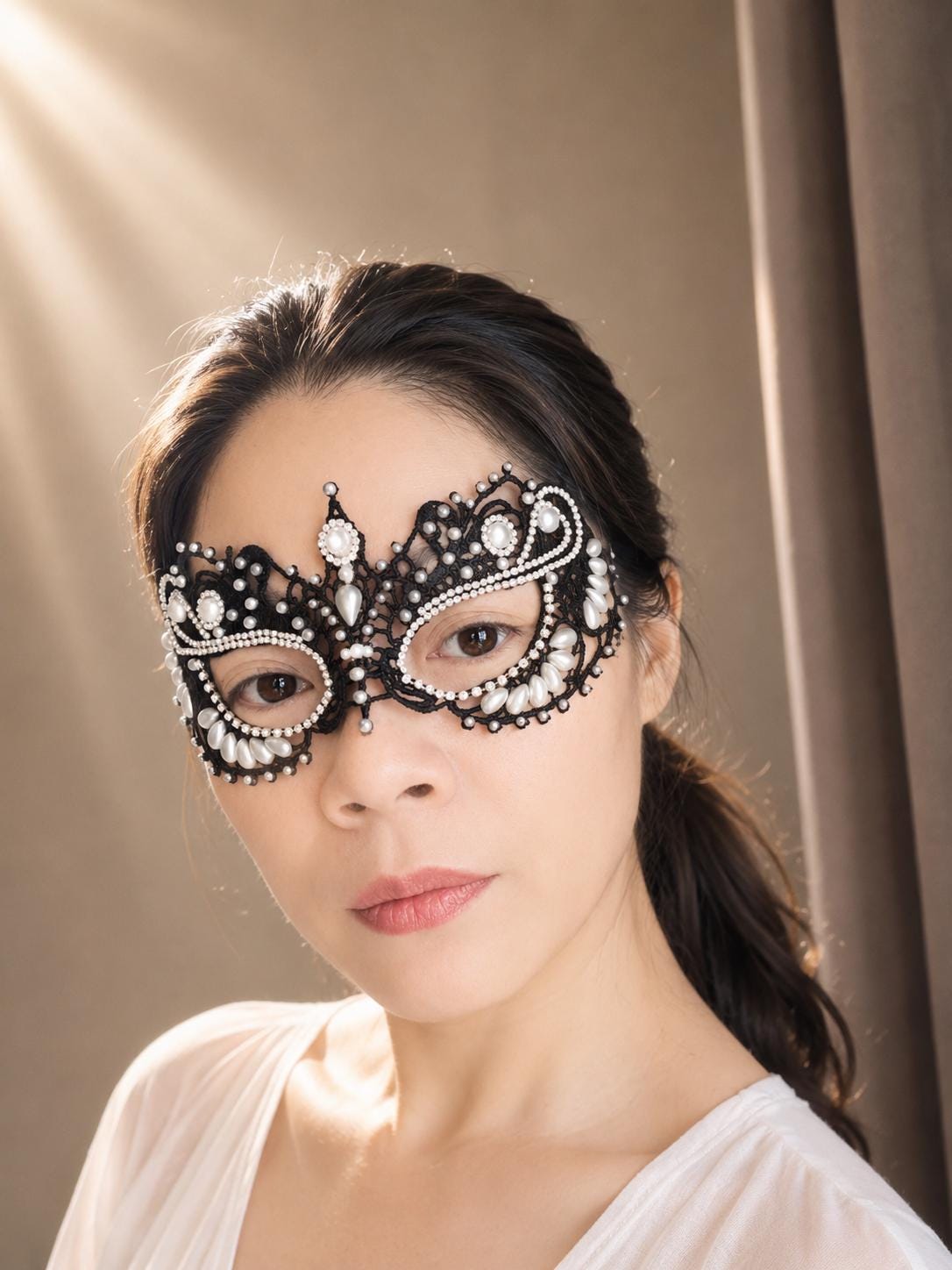 Black color Lace Masquerade Mask, Embroidered Party Mask with white Resin beads and rhinestone, party mask