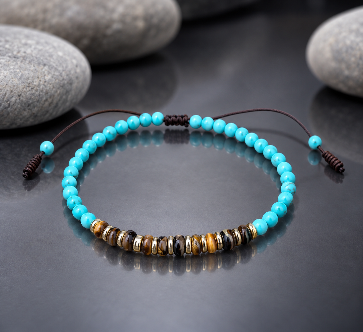 Handmade Bracelet for HIM OR HER. Made with 3mm turquoise, 2x3mm yellow tiger’s eye. 14K Gold Plated Spacer Beads, Adjustable knotted Cord