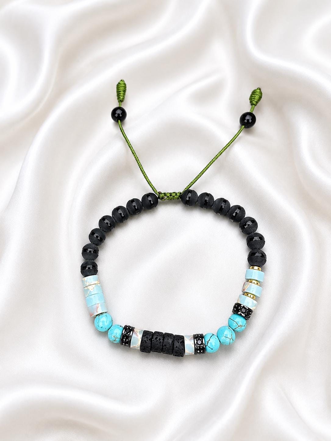 Gemstone Bracelet for HIM OR HER. Made it with 6mm turquoise, 2x6mm lava beads. With Adjustable Knotted Cord