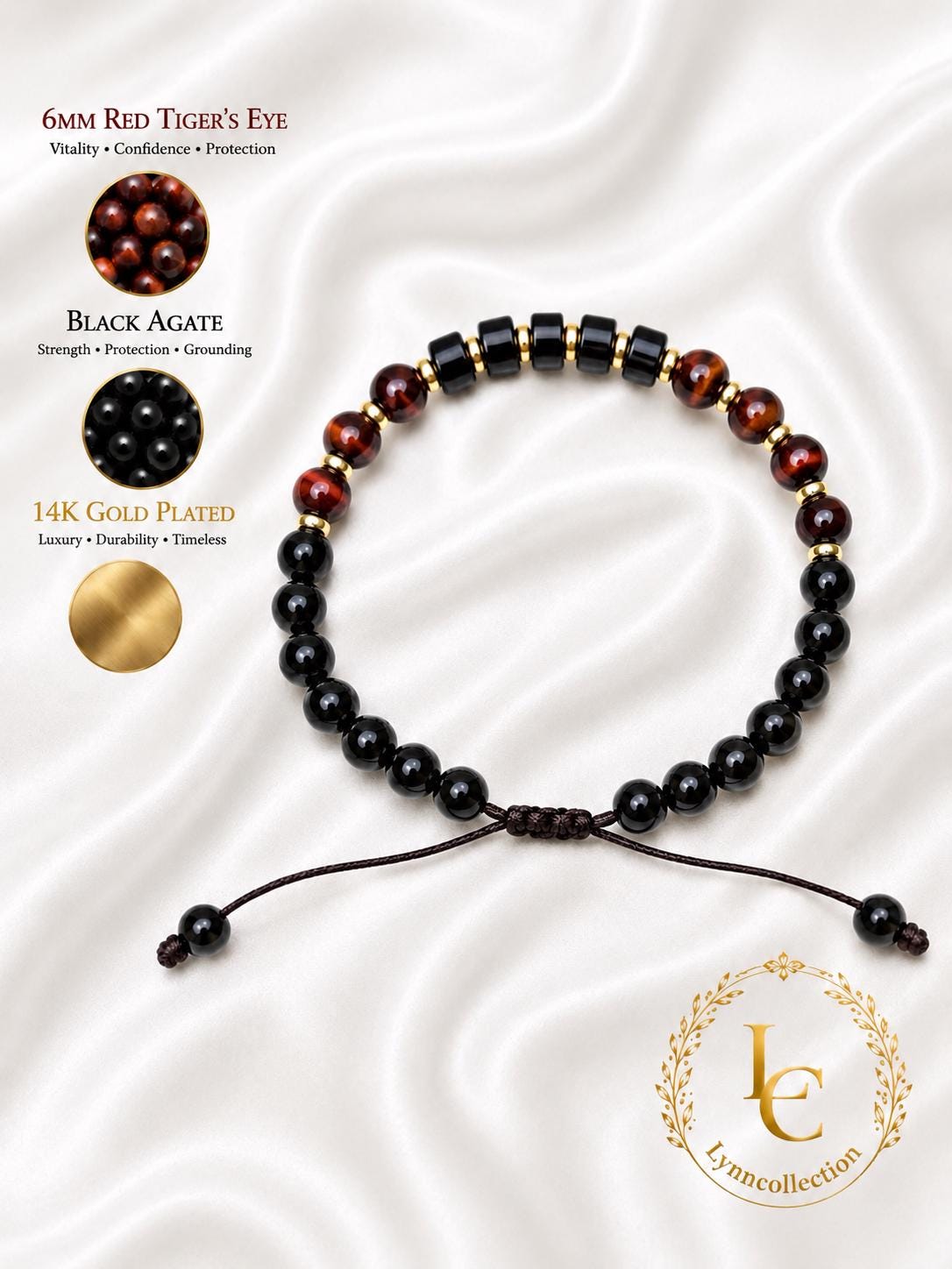Gemstone Bracelet for HIM OR HER. Made it with Black Agate, 6mm Red Tiger’s eye beads. Adjustable Knotted Cord