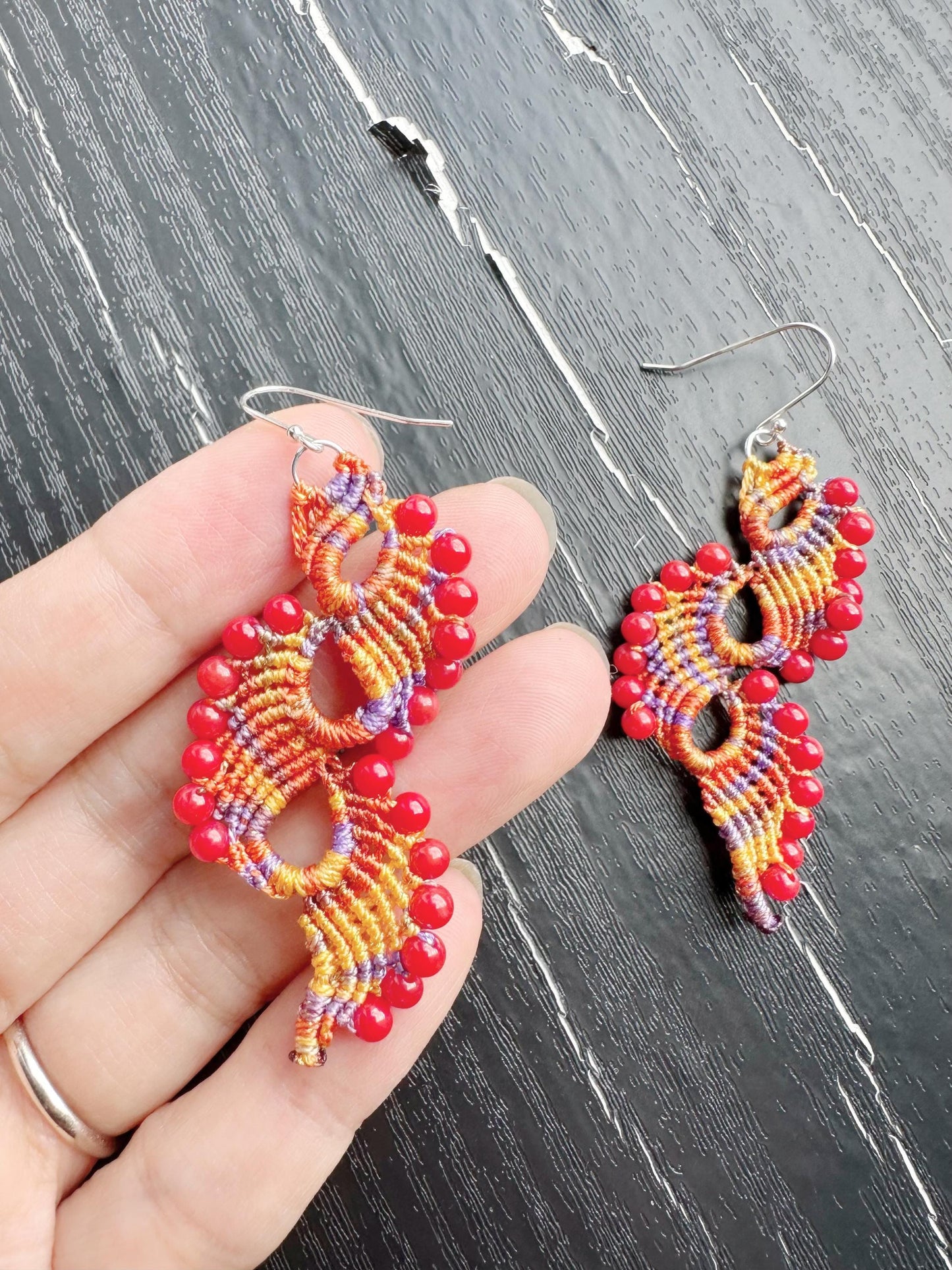 Handmade  Macrame Earrings peacock tail with coral beads and 925 sterling silver hooks
