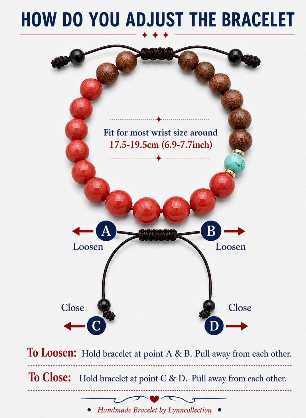 Beaded Bracelet for Him & Her, 8mm sandalwood, 8mm red coral, 6mm turquoise, Adjustable Knotted cord