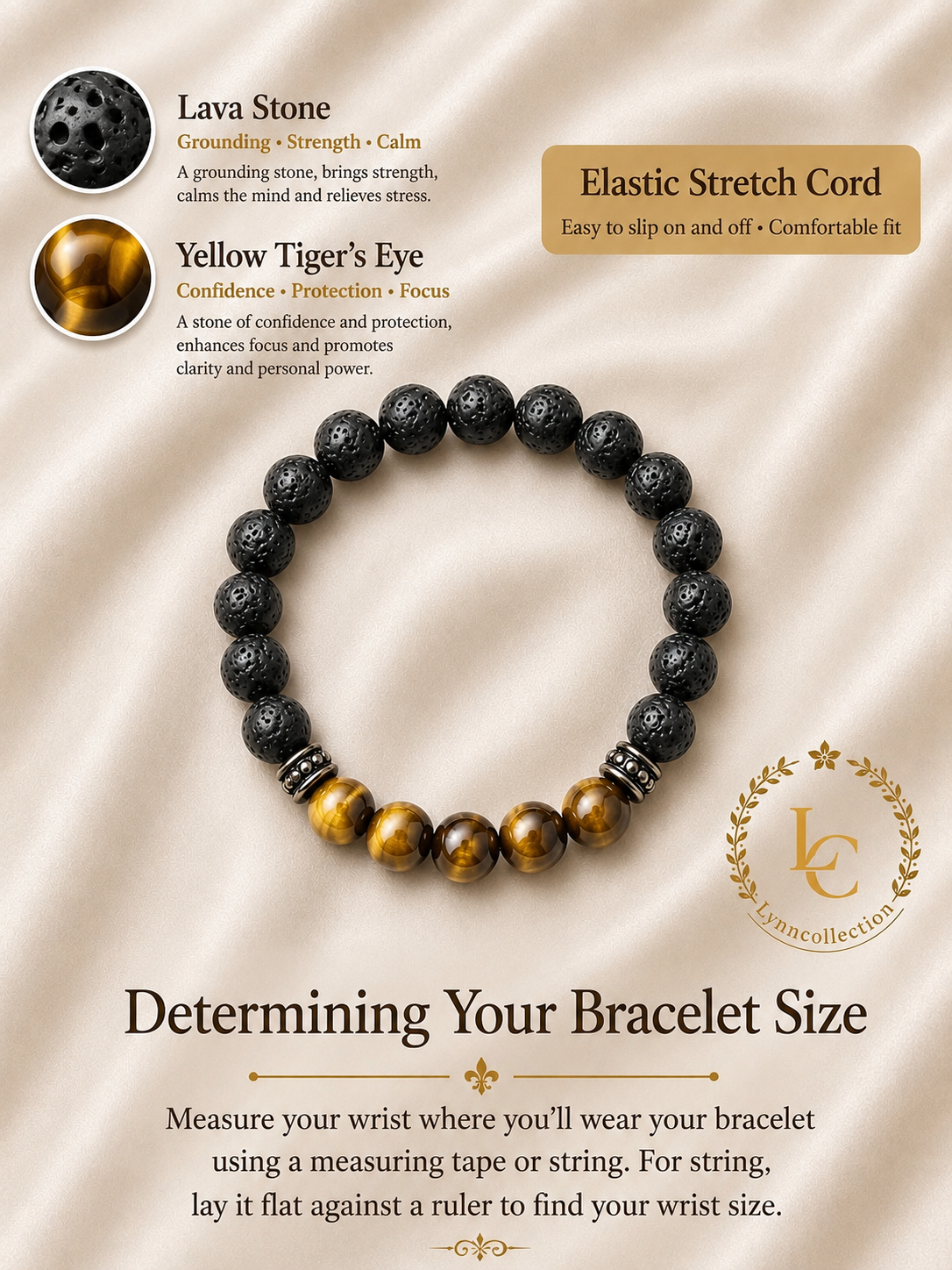 Gemstone Bracelet for HIM OR HER,8mm Black lava stone beads with 8mm yellow tiger eye beads, Tibetan decorative spacers / Elastic stretch cord