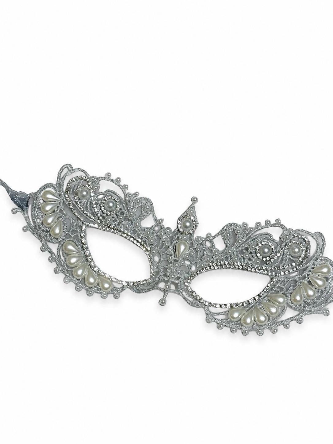 Gray color Lace Masquerade Mask, Embroidered Party Mask with white Resin Pearls and rhinestone, party mask