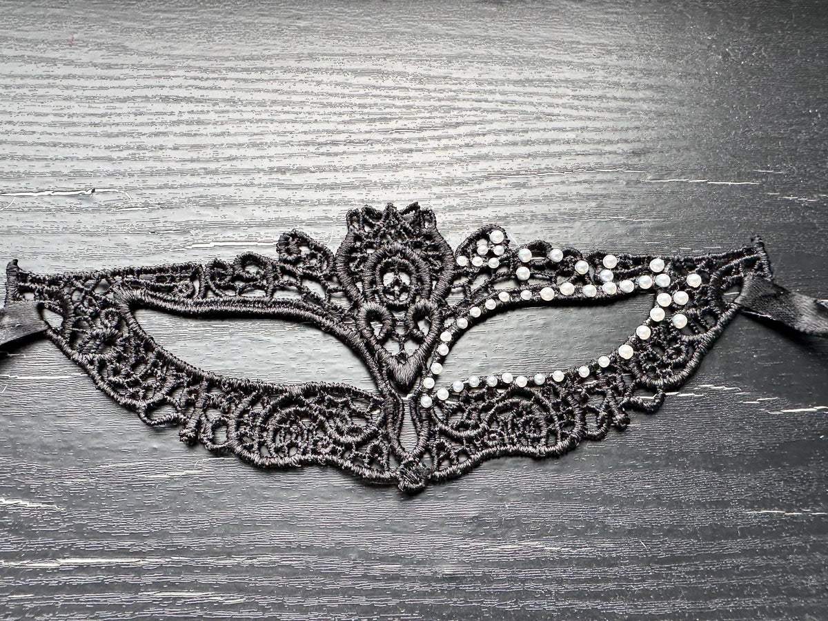 White Resin Pearls with Black soft  Lace Mask, Embroidery, Appliques, Black Mask, Party Mask, Wedding Mask, Halloween Mask