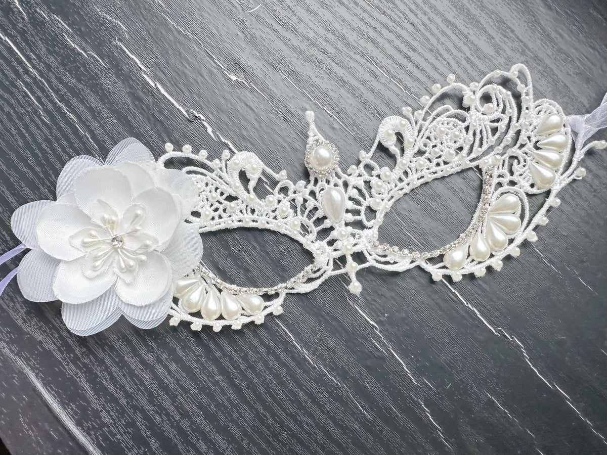 White Lace Masquerade Mask with Resin Beads, Rhinestones, and silk flower