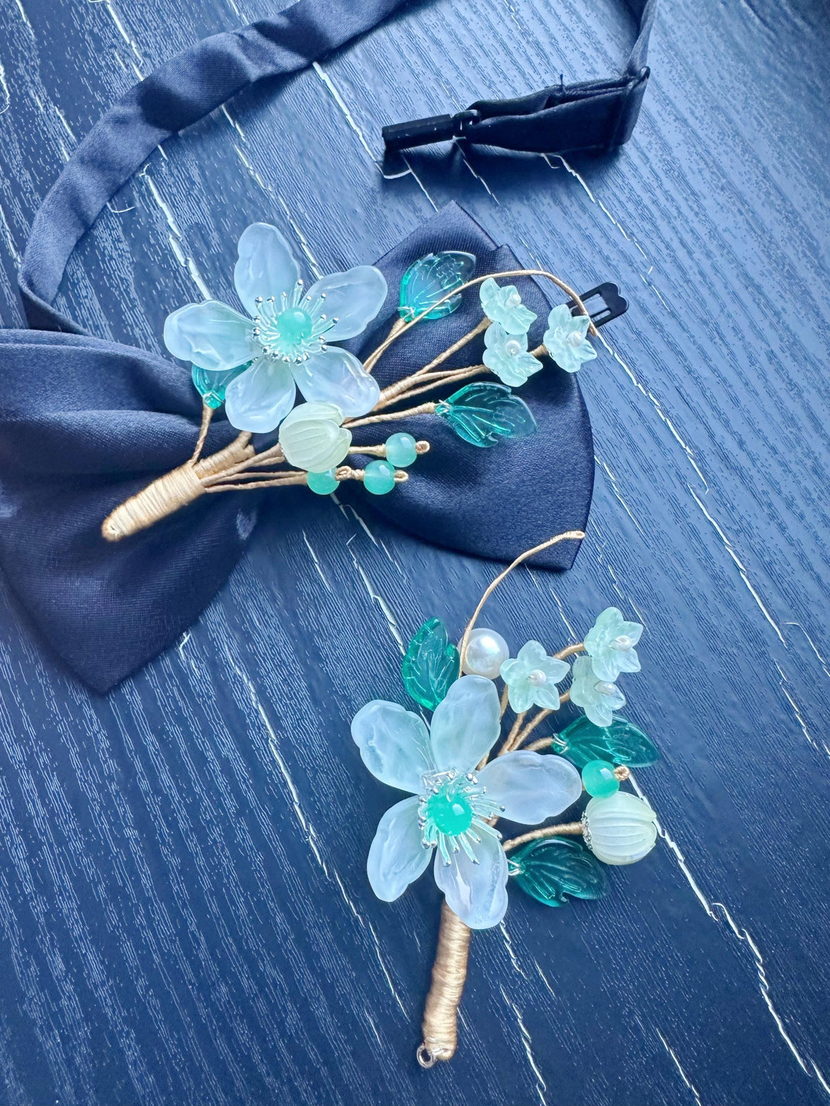 Handmade Bow Tie and brooch set for Women, Men,Boys – Black Satin Bow Tie flowers Blossom Branch – Asian Inspired Wedding Formal Accessory