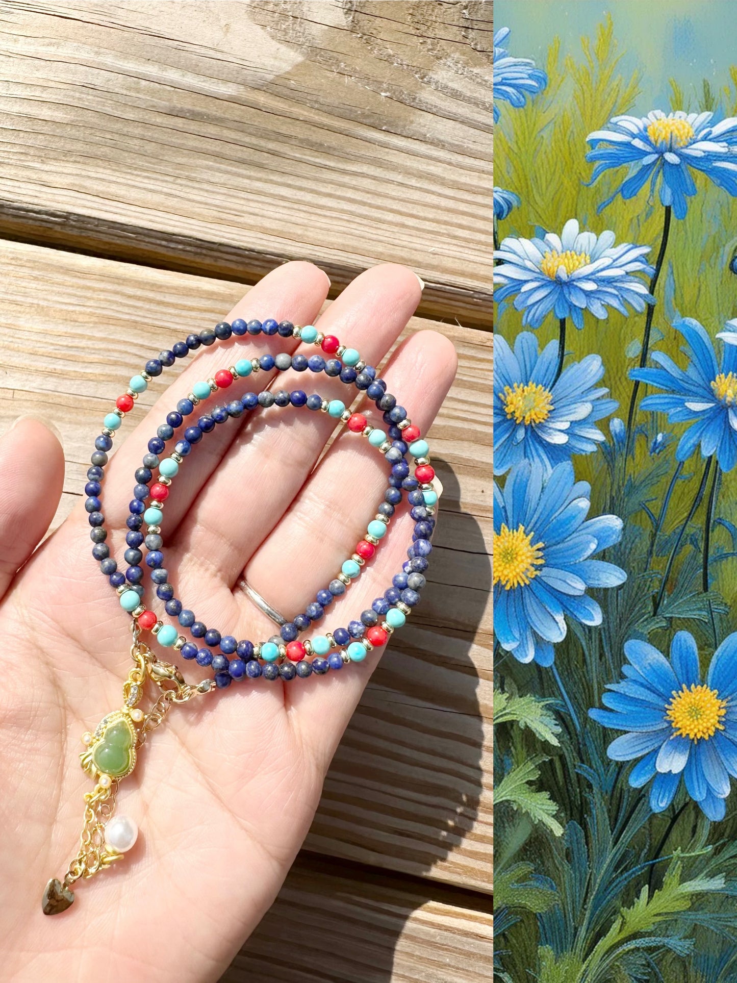 925 Sterling Silver gold plated with main stone 3mm Lapis Lazuli, Coral , Turquoise, Coral , made three row bracelet and 18inch length necklace ( two in one)