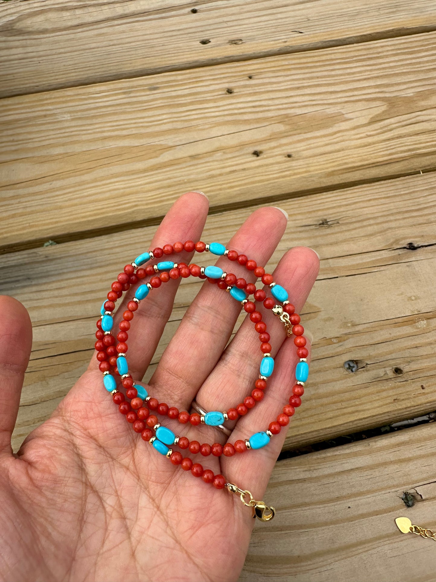 925 Sterling Silver gold plated with Red Coral And Turquoise three row bracelet and necklace ( two in one)