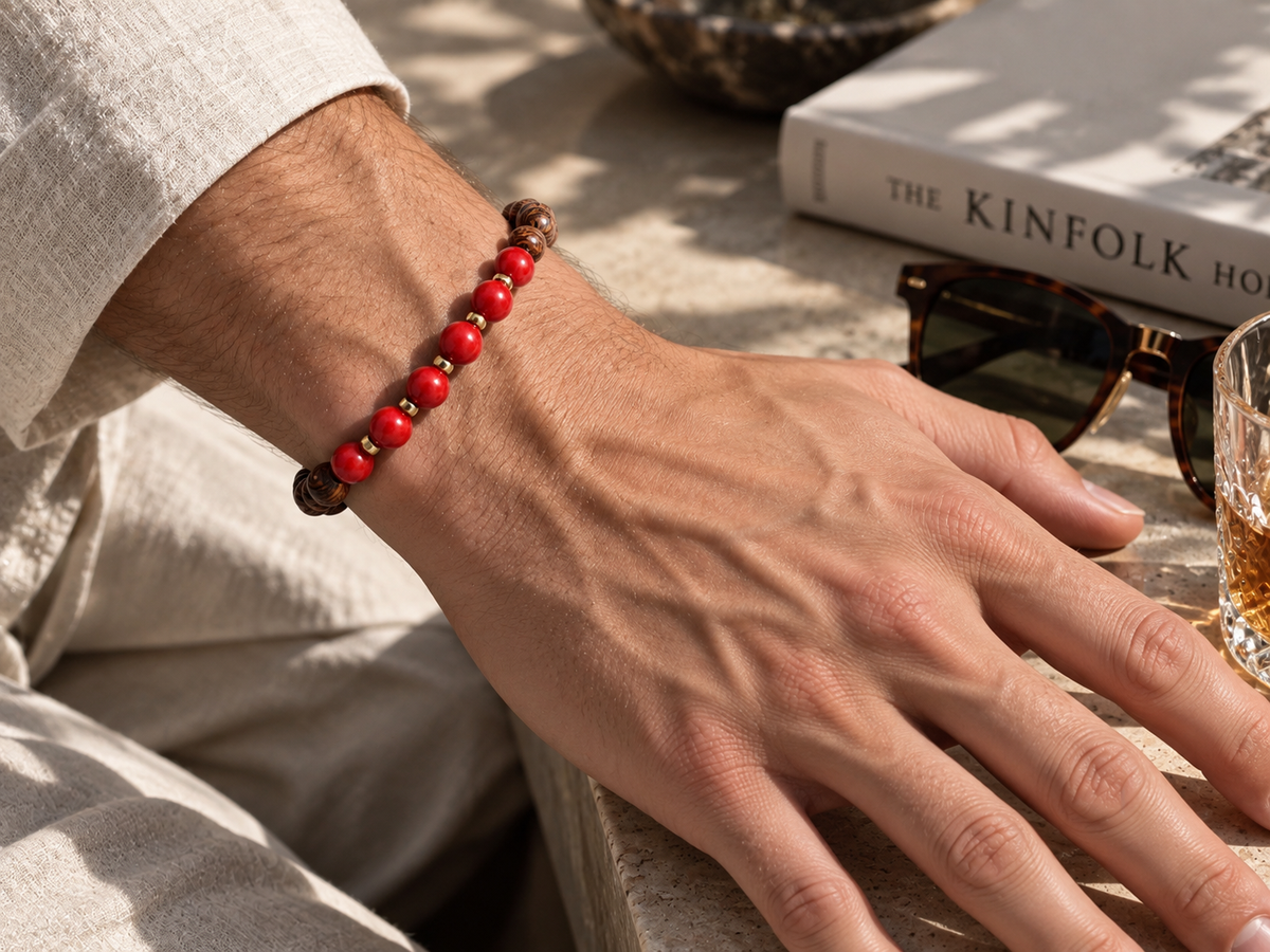 Bracelet for HIM AND HER, Made it with 6mm Sandalwoods and 6mm nurture Corals with Elastic stretch cord, with 14k gold plated space