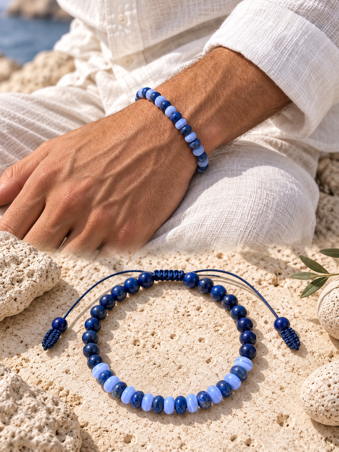 Handmade Bracelet for HIM OR HER. Made with lapis lazuli, blue lace agate, Adjustable knotted Cord