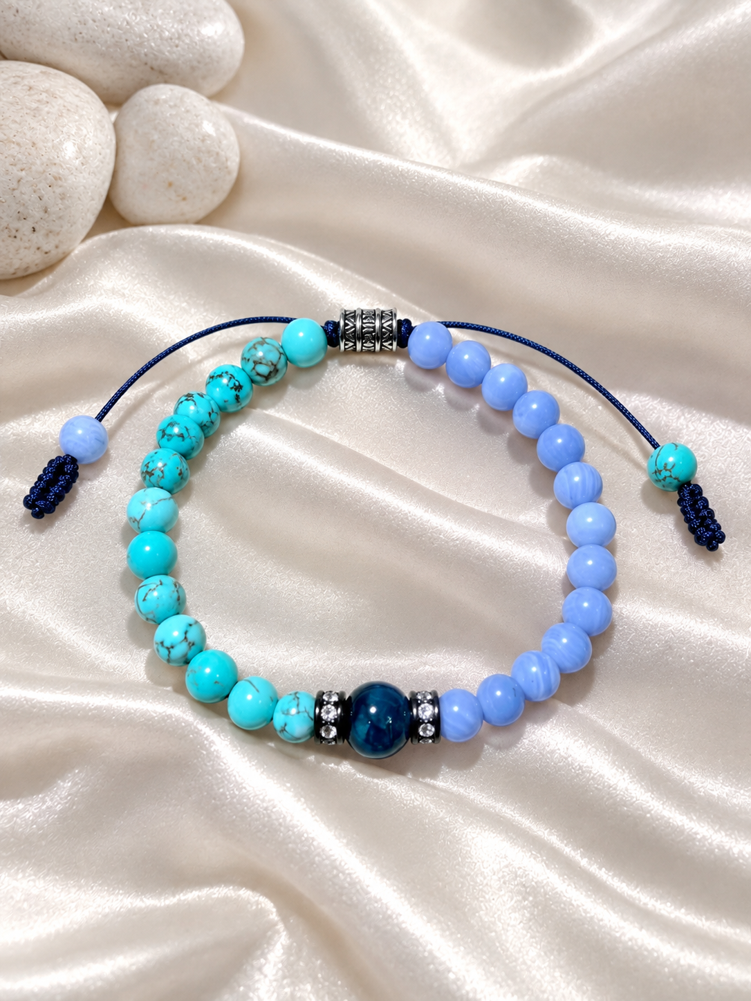 Handmade Bracelet for HIM OR HER. 6mm turquoise. 6mm blue lace agate, 8mm blue tiger’s eye. Zircon Rhinestone Beads Adjustable knotted cord