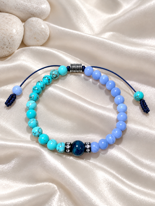 Handmade Bracelet for HIM OR HER. 6mm turquoise. 6mm blue lace agate, 8mm blue tiger’s eye. Zircon Rhinestone Beads Adjustable knotted cord