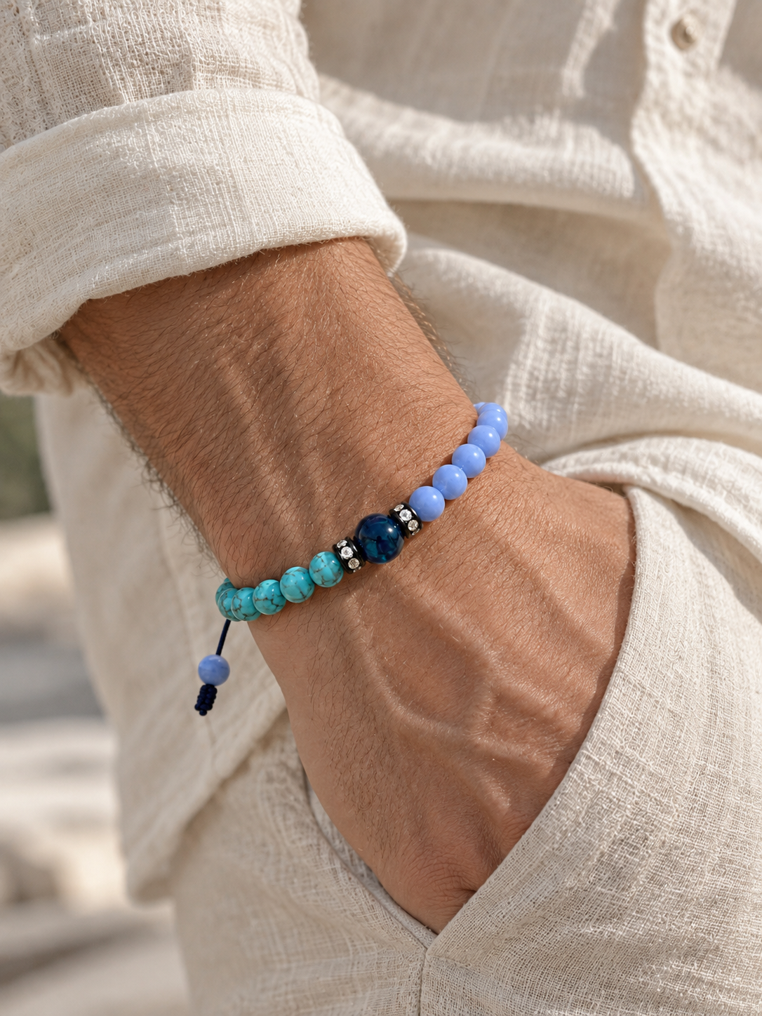 Handmade Bracelet for HIM OR HER. 6mm turquoise. 6mm blue lace agate, 8mm blue tiger’s eye. Zircon Rhinestone Beads Adjustable knotted cord
