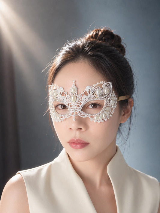 White color Lace Masquerade Mask, with white Resin beads and rhinestone, masquerade party mask, Halloween party