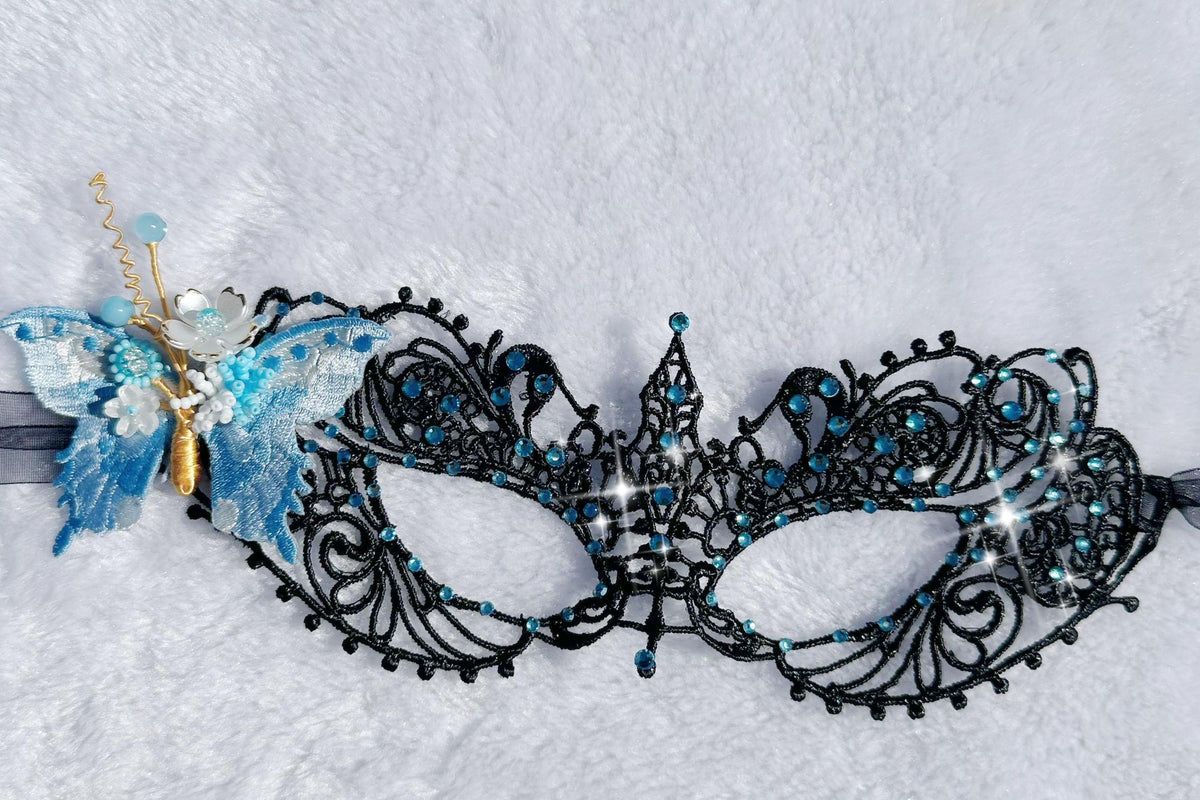 One of a Kind Blue Butterfly Mask, Handmade Black Lace Masquerade Mask, Venetian Eye Mask with Blue color Rhinestones