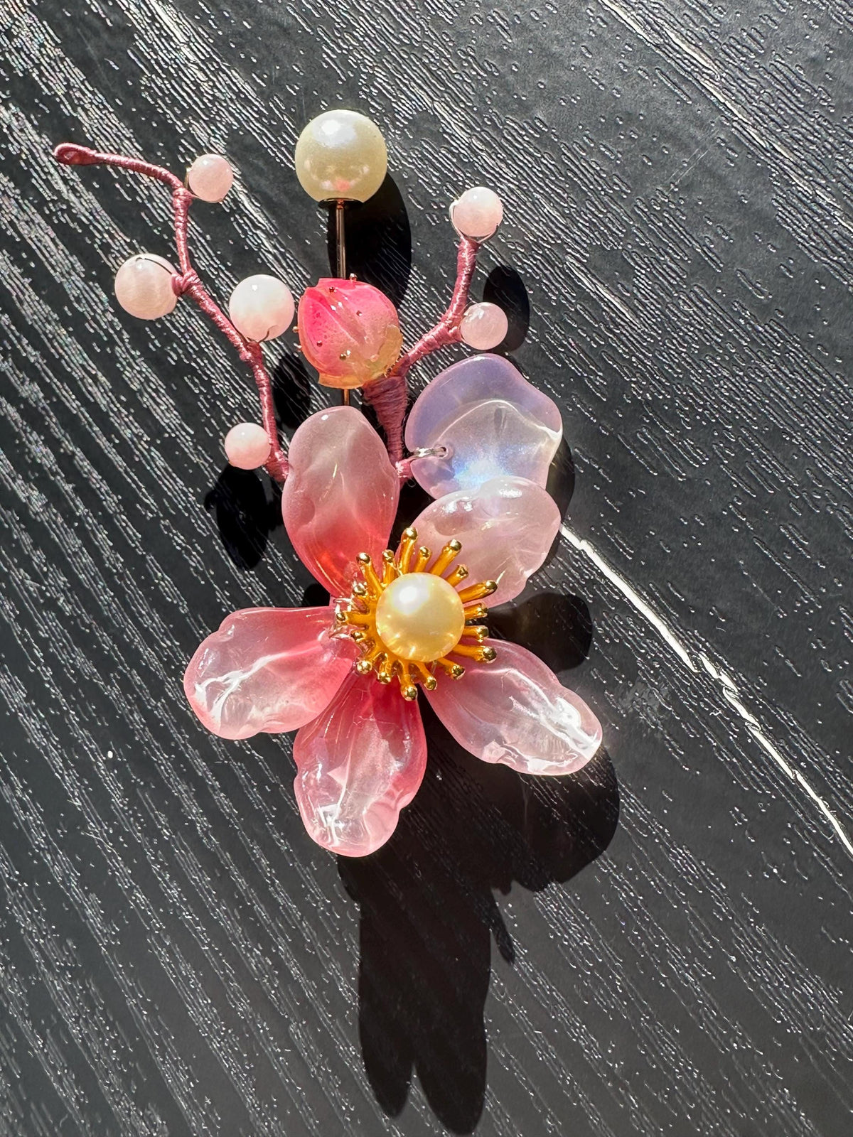 Handmade  brooch, pink color acrylic beads and gemstone beads with silk thread