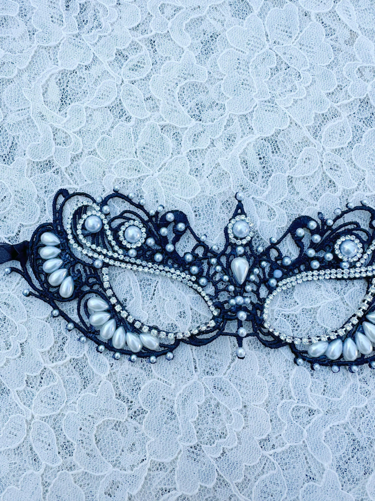 Black color Lace Masquerade Mask, Embroidered Party Mask with white Resin beads and rhinestone, party mask